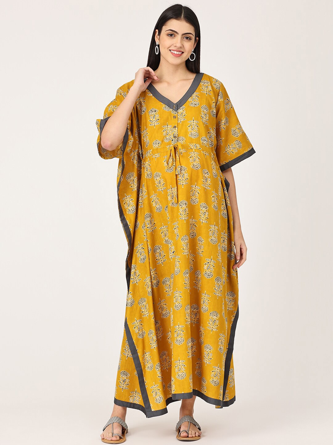 

The Mom Store Mustard Yellow Printed Maxi Pure Cotton Maternity Kaftan Nightdress