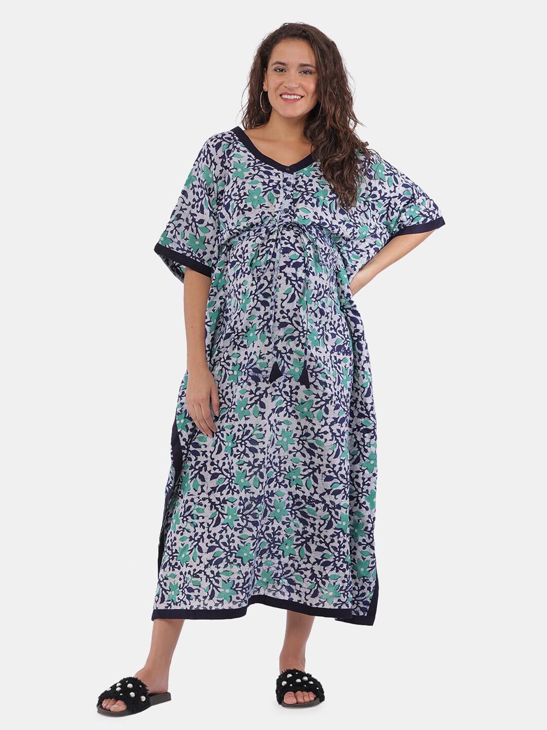 

The Mom Store Blue Printed Maternity and Feeding Pure Cotton Maxi Nightdress