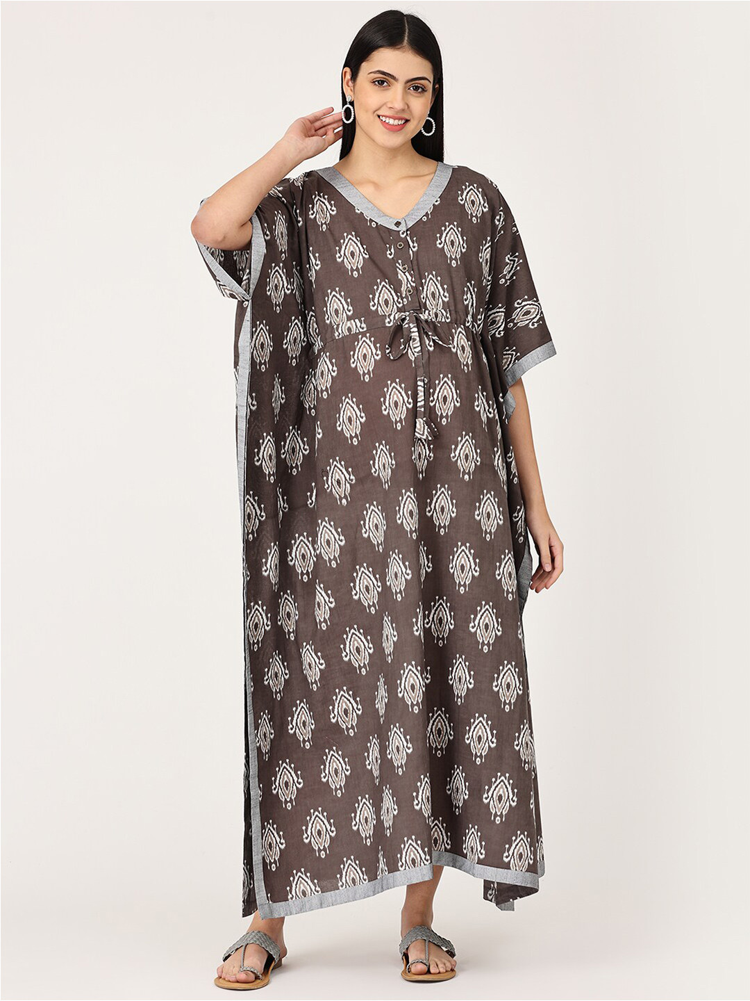 

The Mom Store Brown Printed Maternity Maxi Nightdress