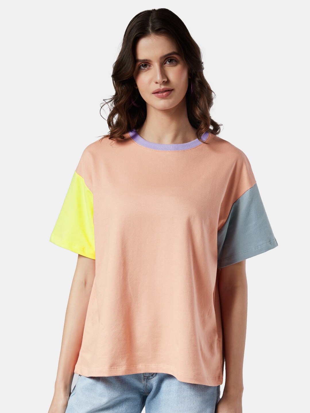 

The Souled Store Women Peach-Coloured & Yellow Colourblocked Oversized T-shirt