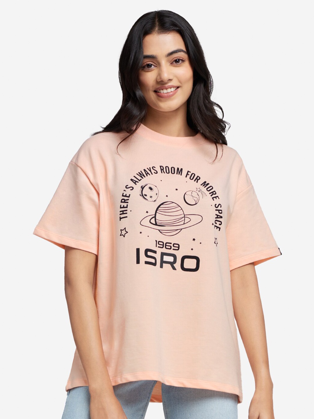 

The Souled Store Women Peach Pink ISRO Space Takeover Typography Print Oversized T-Shirt