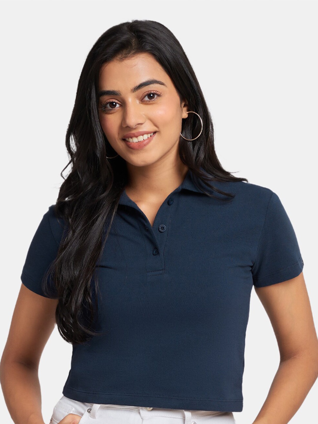 

The Souled Store Women Navy Blue Polo Collar Cotton T-shirt