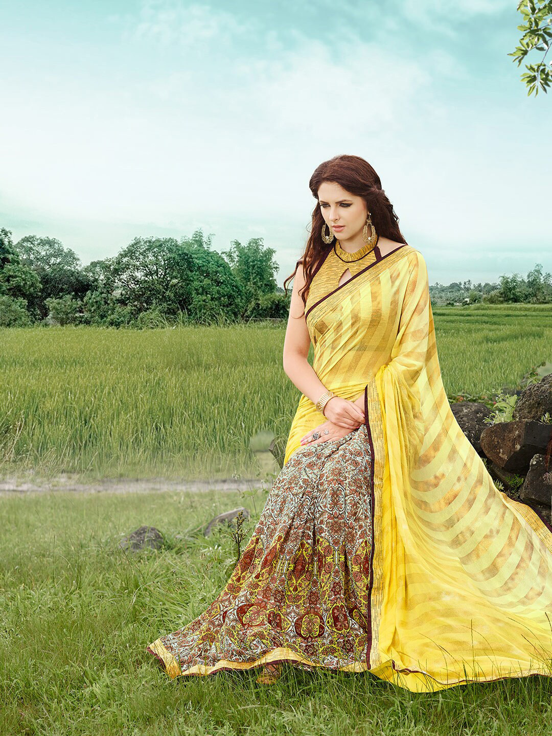 

Shaily Yellow & White Ethnic Motifs Printed Pure Georgette Saree