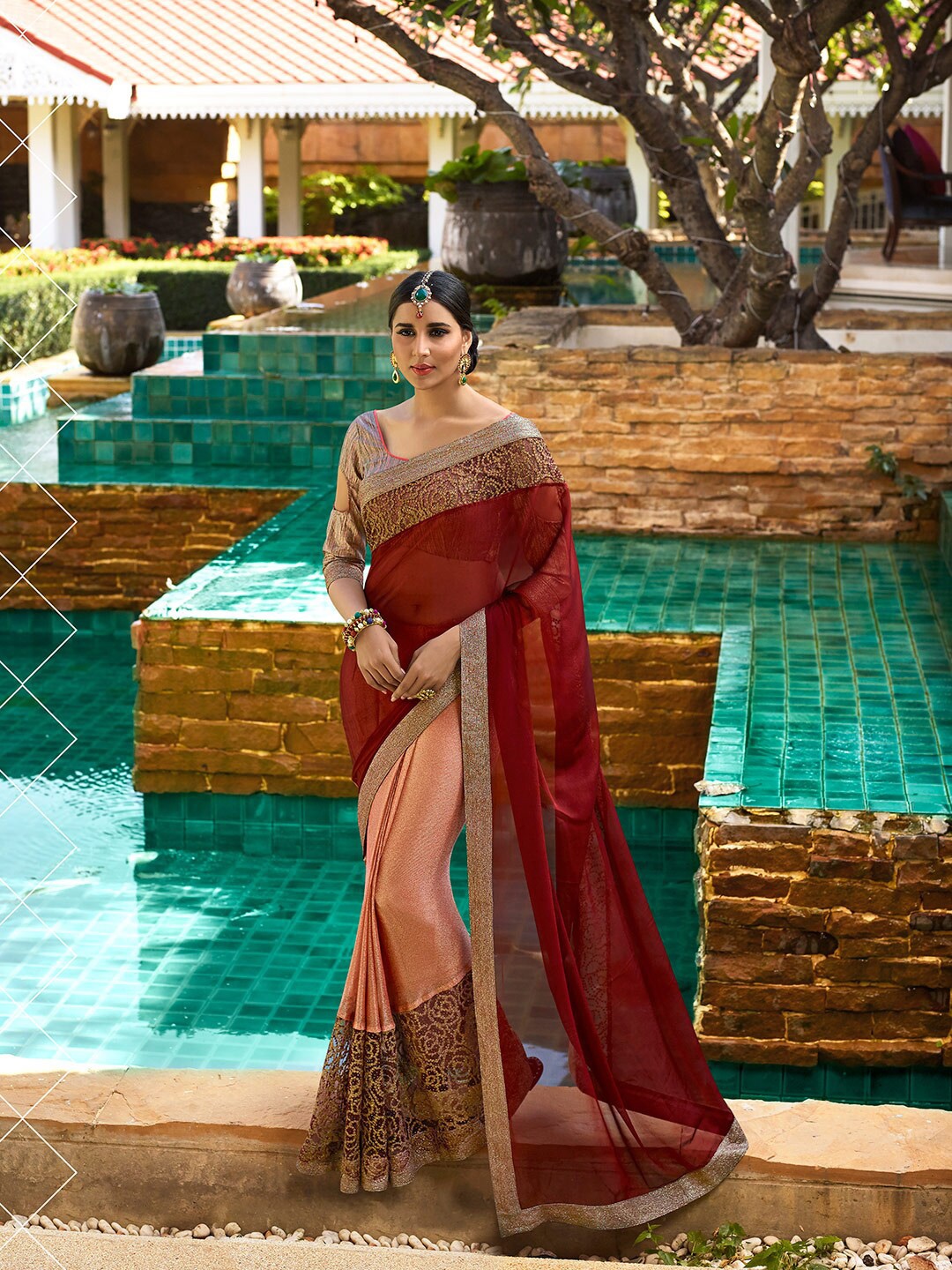 

Shaily Peach-Coloured & Maroon Floral Embroidered Pure Crepe Saree