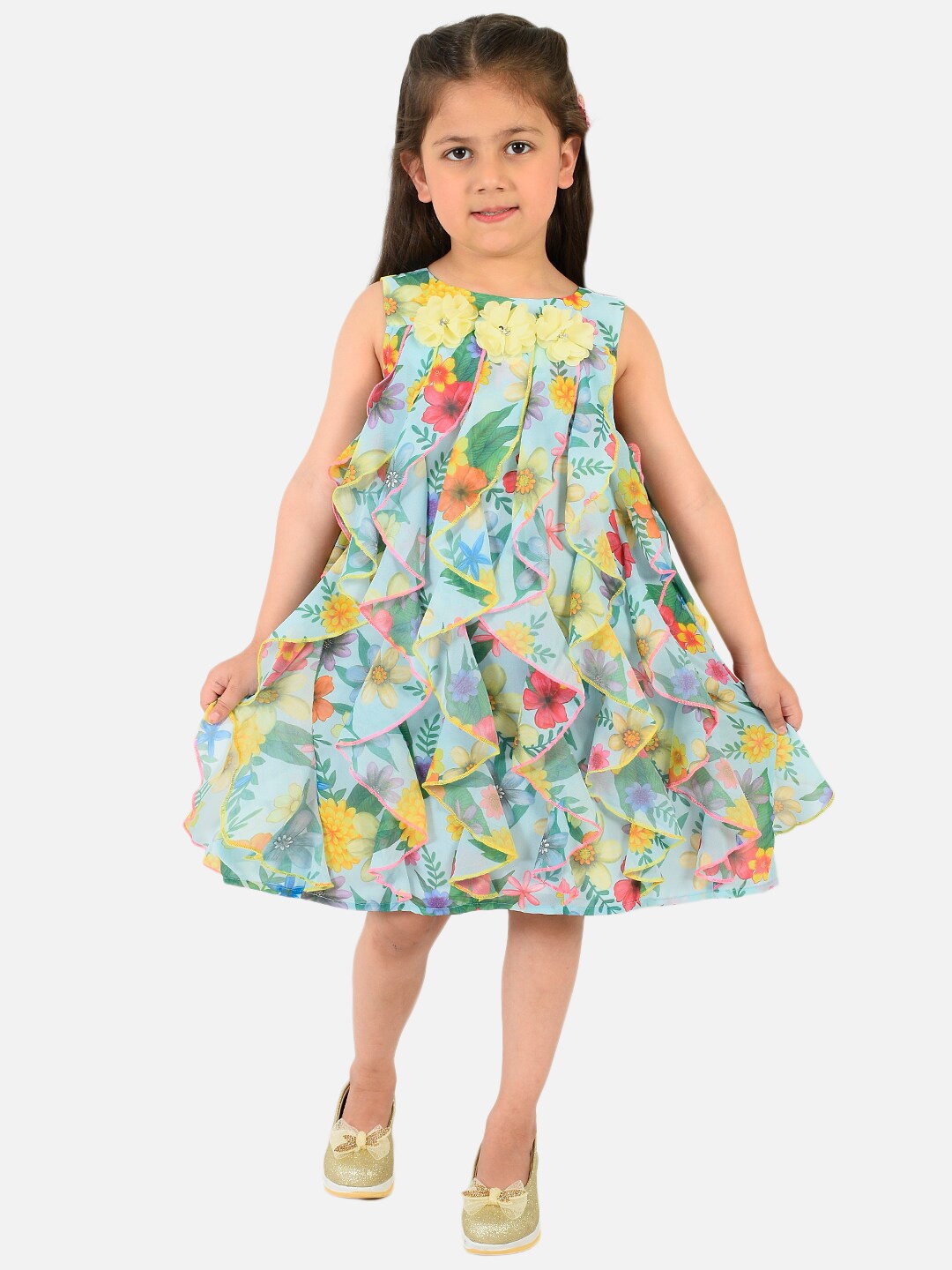 

Nauti Nati Girls Multicoloured Floral Printed Georgette A-Line Ruffled Dress, Multi