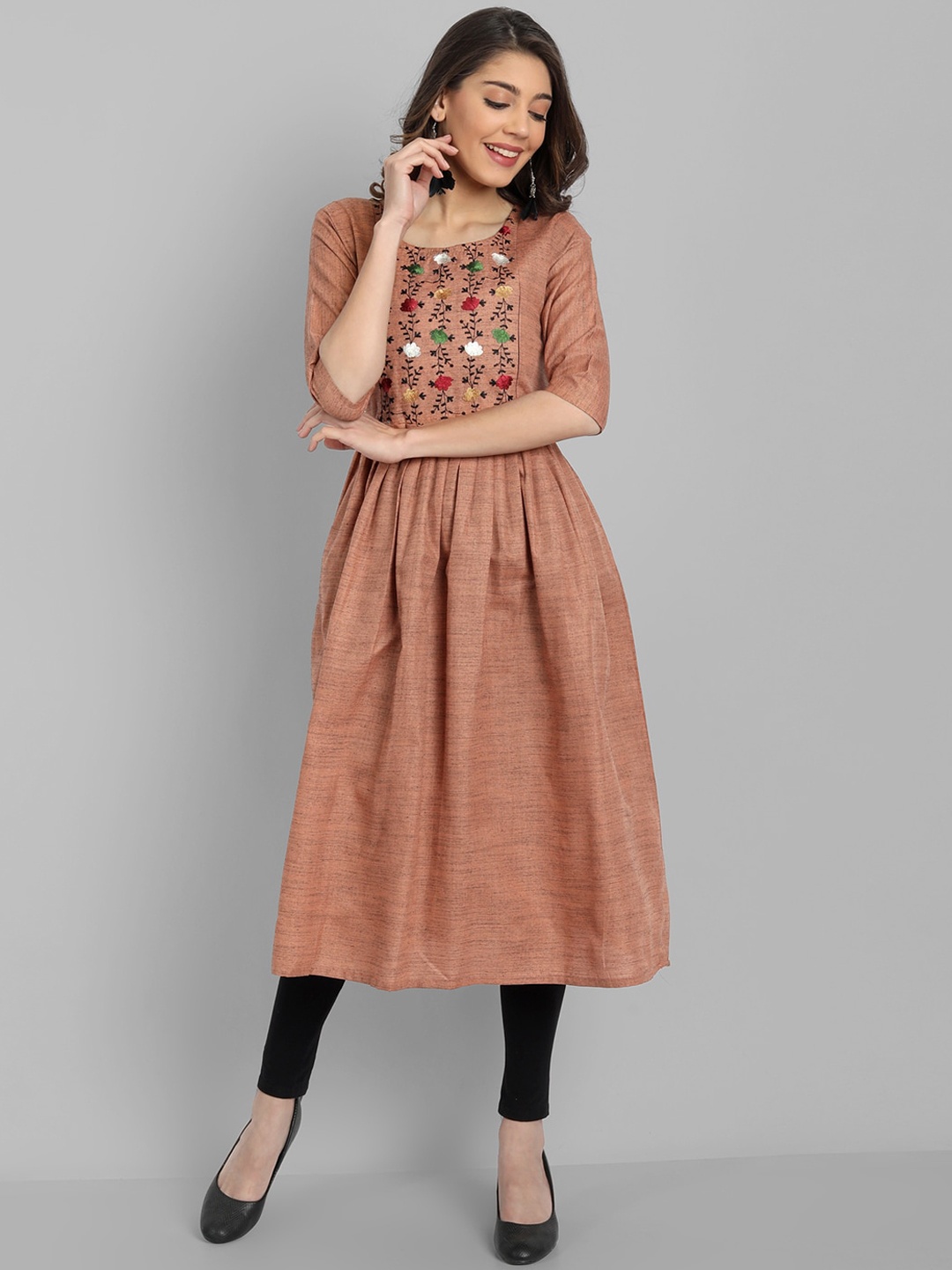 HETSA Women Orange Floral Yoke Design Maternity Anarkali Kurta