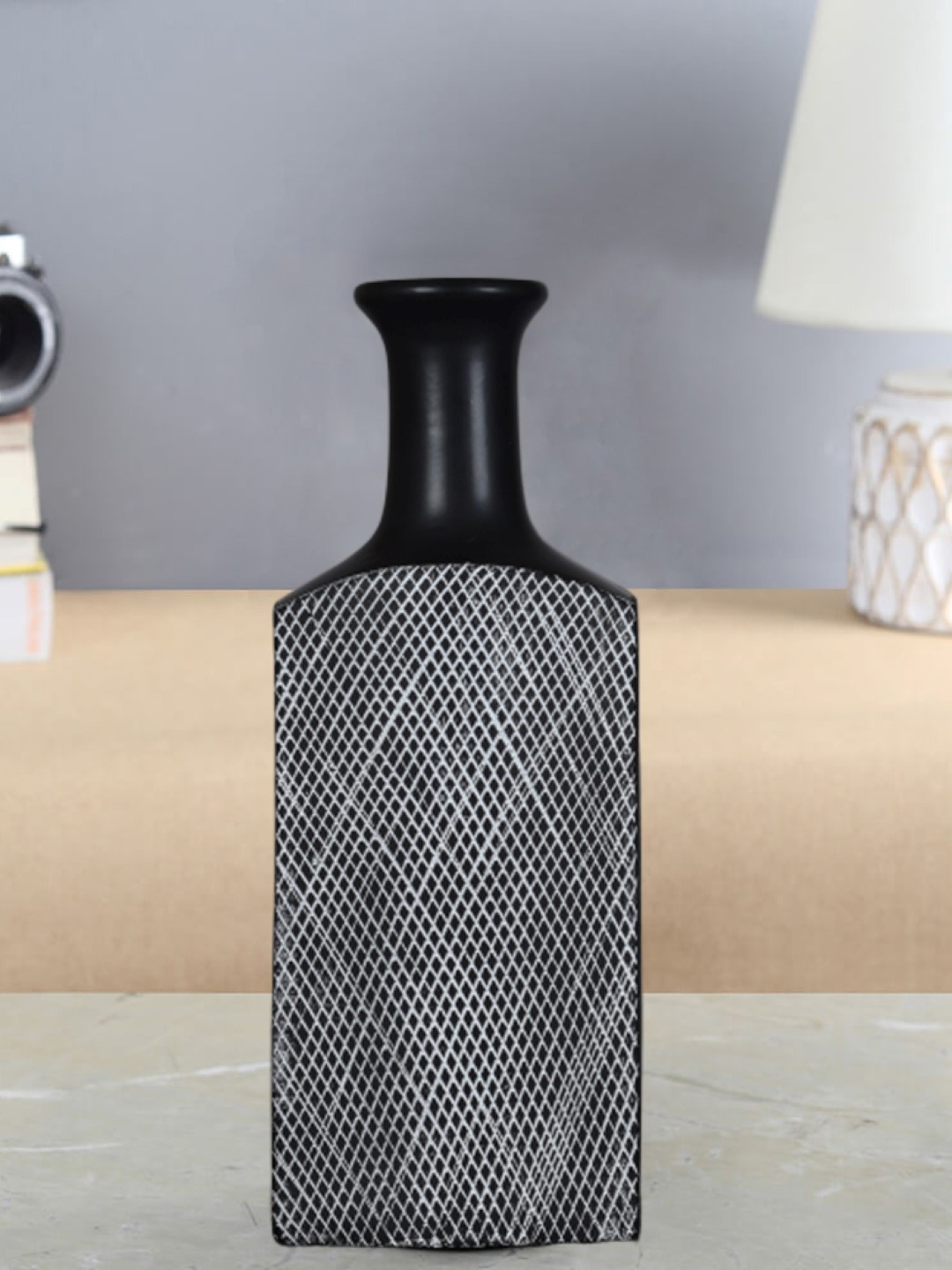 

OddCroft Black & White Painted Single Canteen-Shaped Vase
