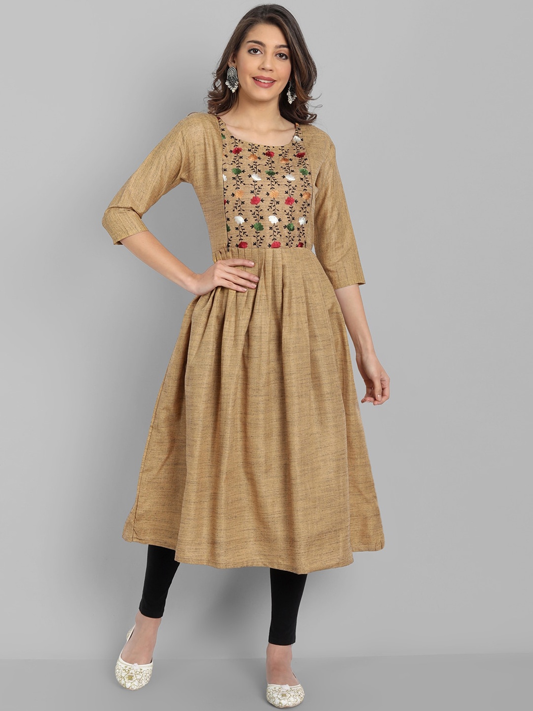 

HETSA Women Yellow Floral Embroidered Thread Work Maternity Anarkali Kurta, Beige