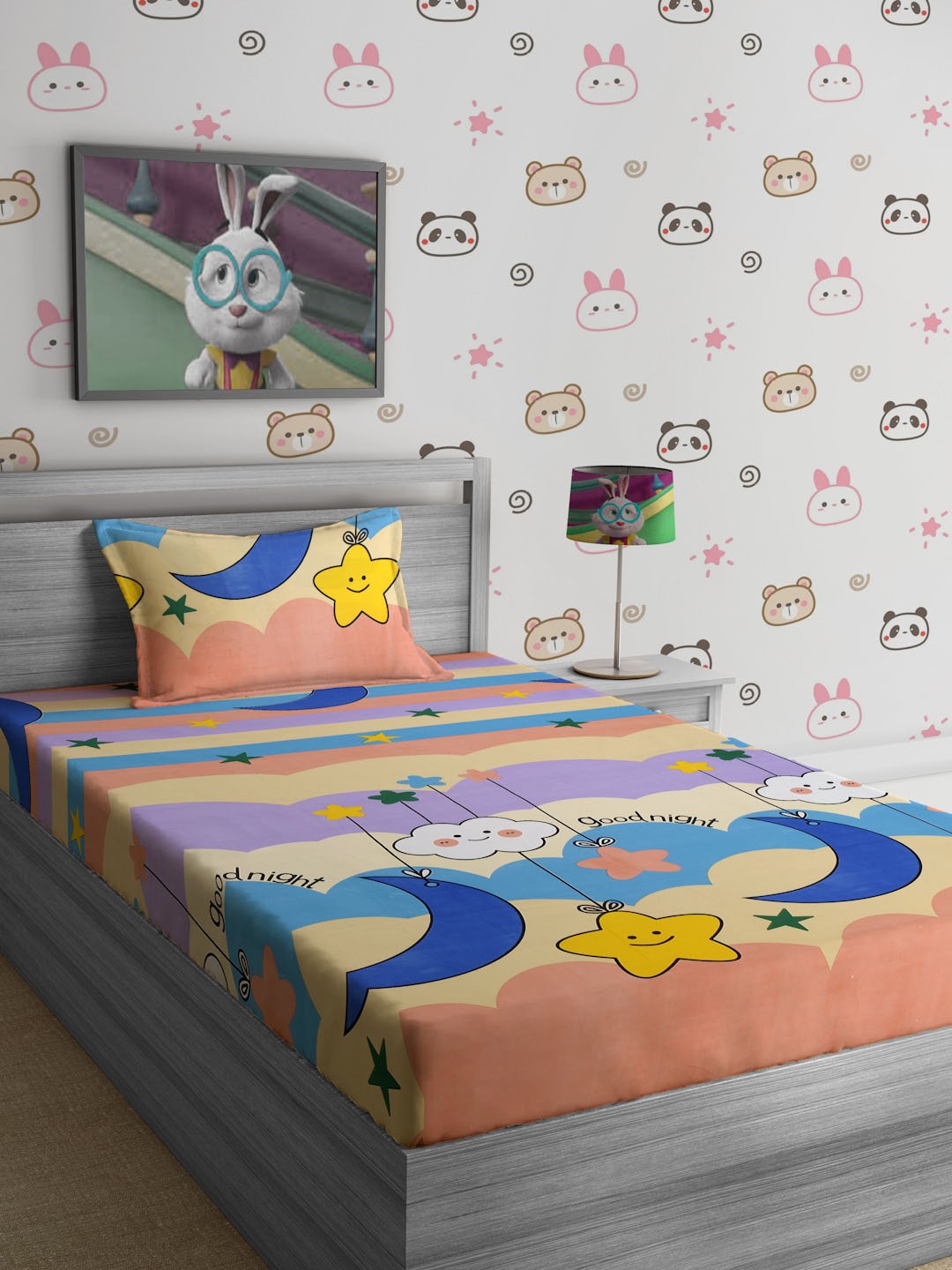 

SOKNACK Blue & White Cartoon Characters 300 TC Single Bedsheet with 1 Pillow Cover