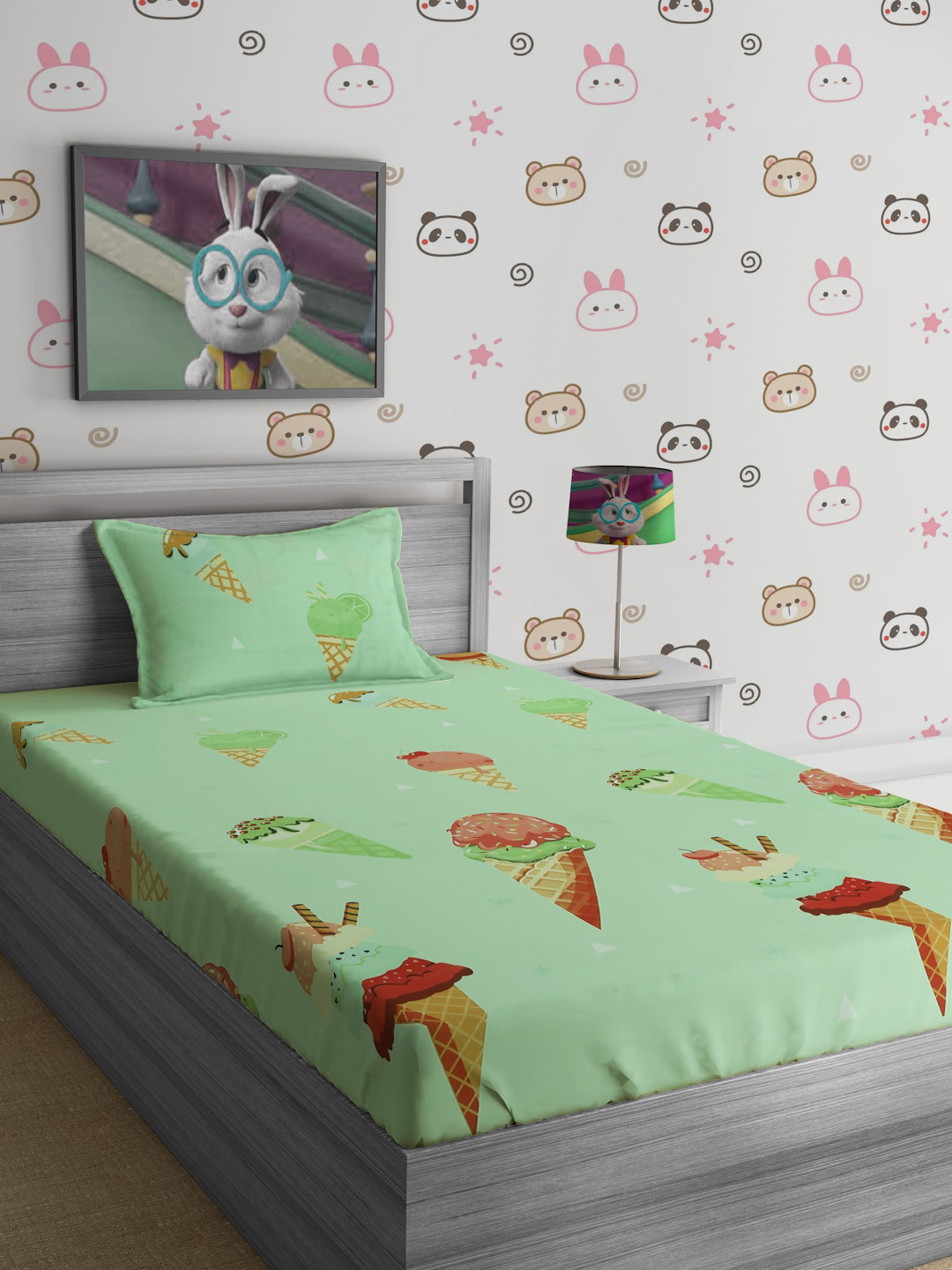 

SOKNACK Unisex Kids Green 280 TC Ice Cream Print Single Bedsheet With Pillow Covers