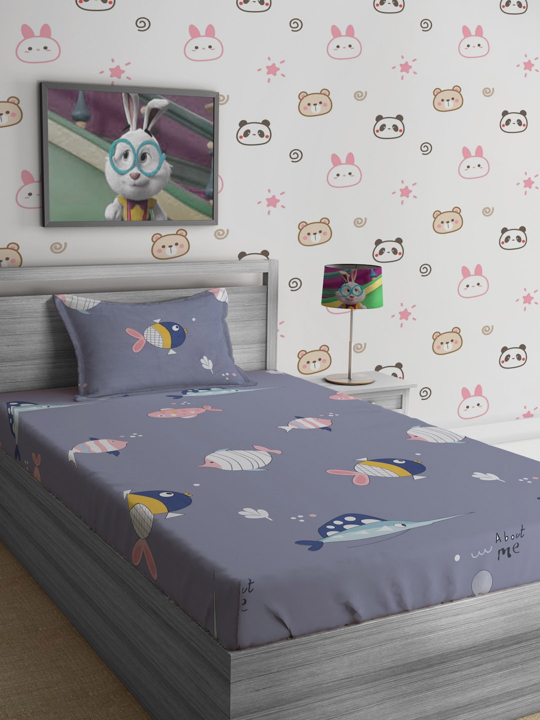

SOKNACK Grey & White Cartoon Characters 300 TC Single Bedsheet with 1 Pillow Covers