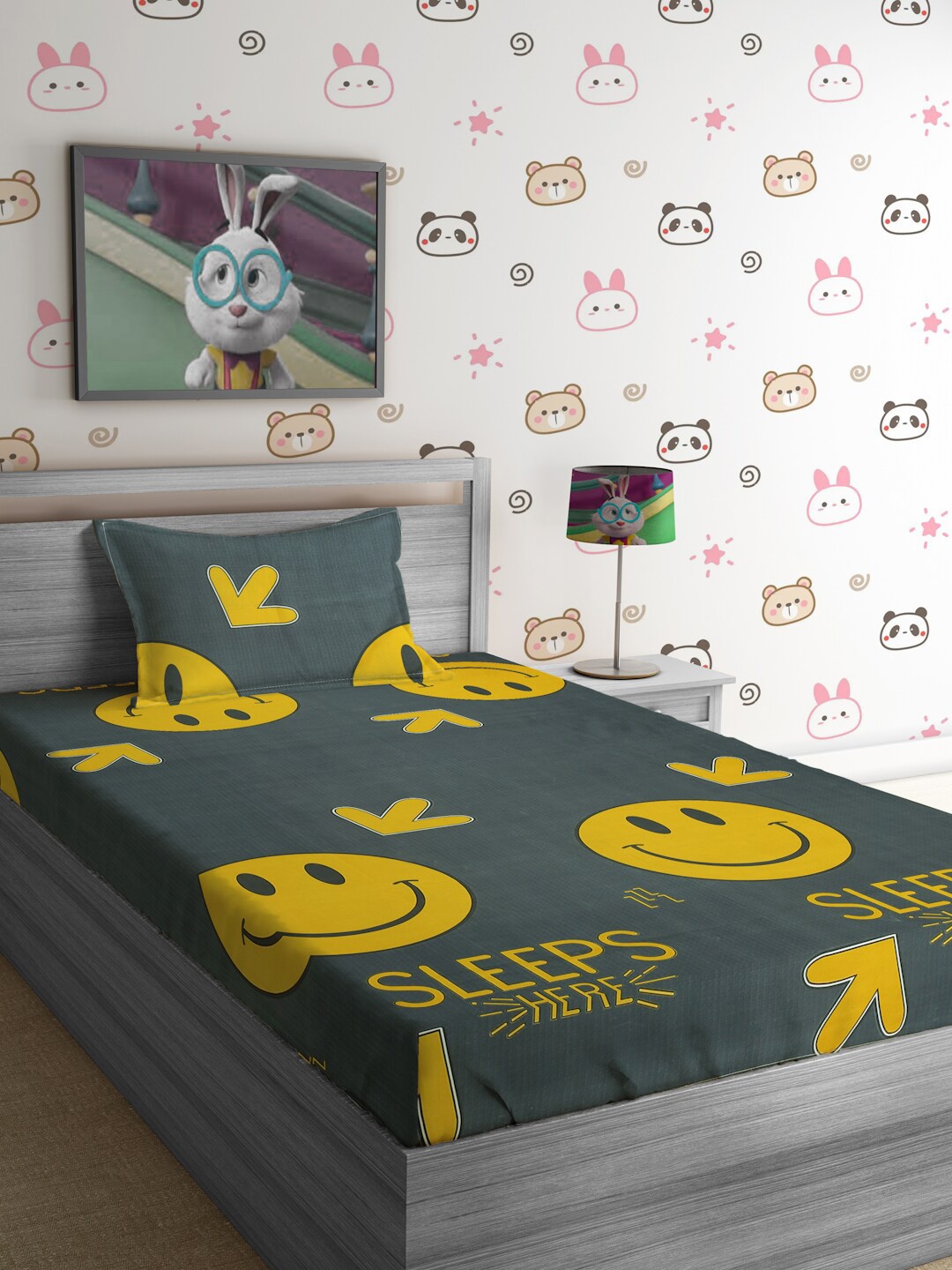 

SOKNACK Grey & Yellow Cartoon Characters 300 TC Single Bedsheet with 1 Pillow Covers
