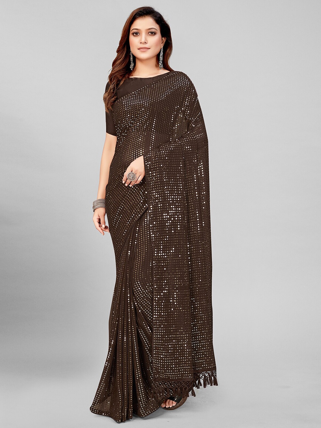 

Pratham Blue Brown Embellished Sequinned Pure Georgette Saree