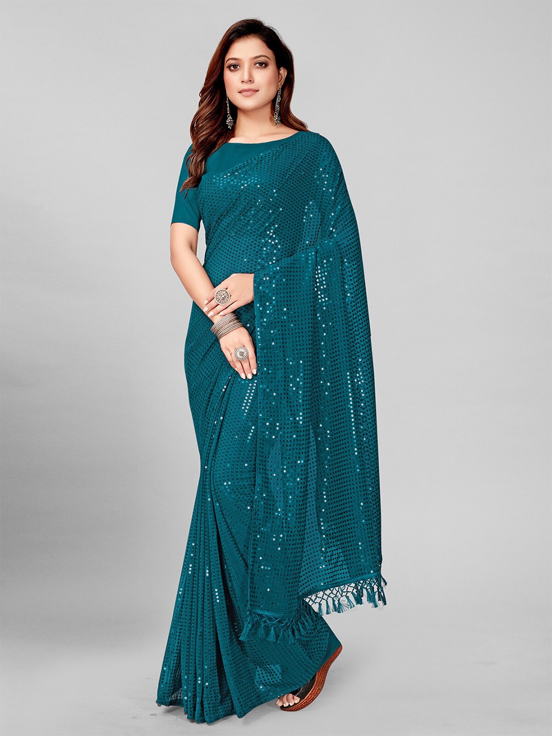 

Pratham Blue Teal Embellished Sequinned Pure Georgette Saree