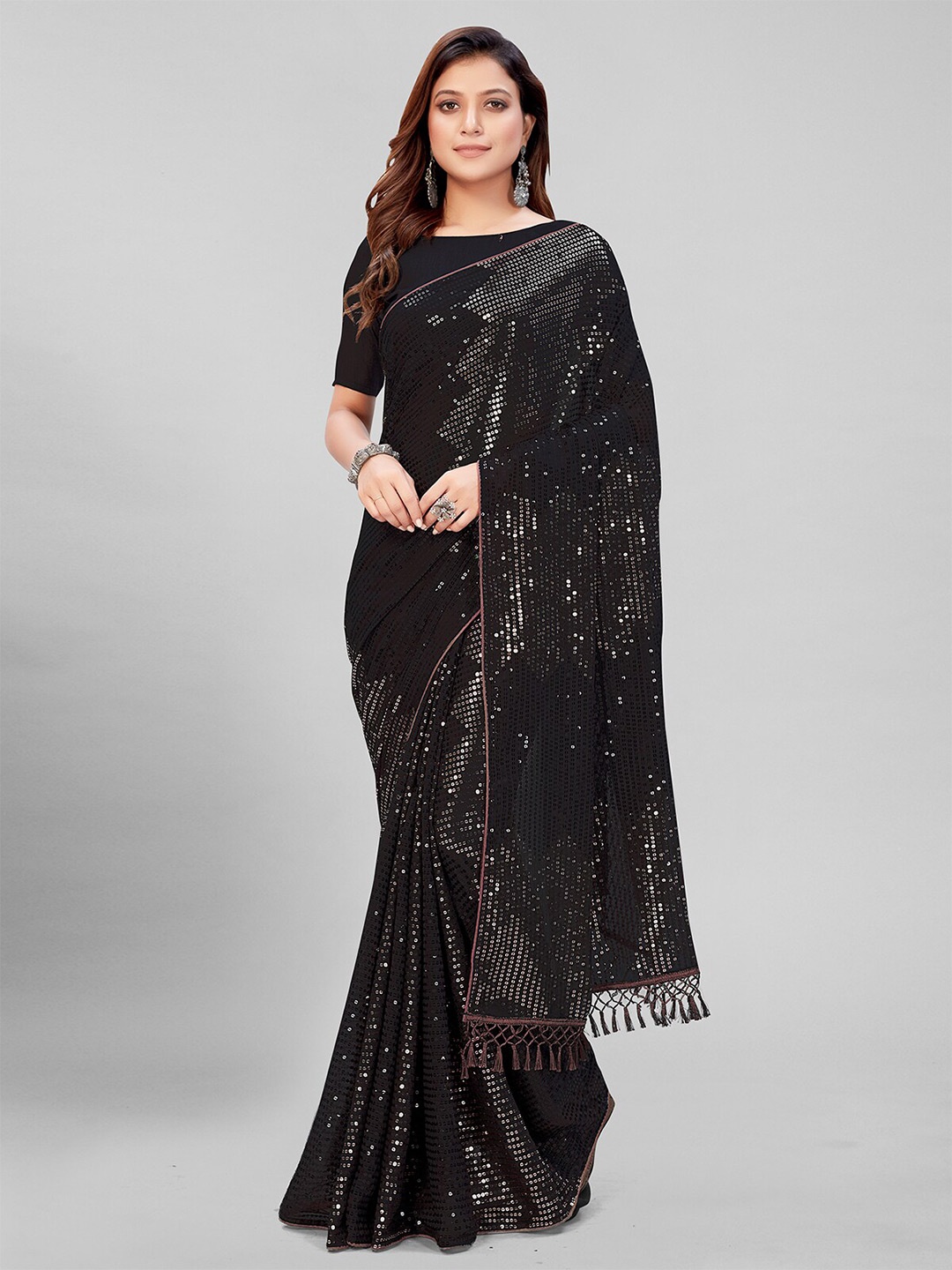 

Pratham Blue Black Embellished Sequinned Pure Georgette Saree