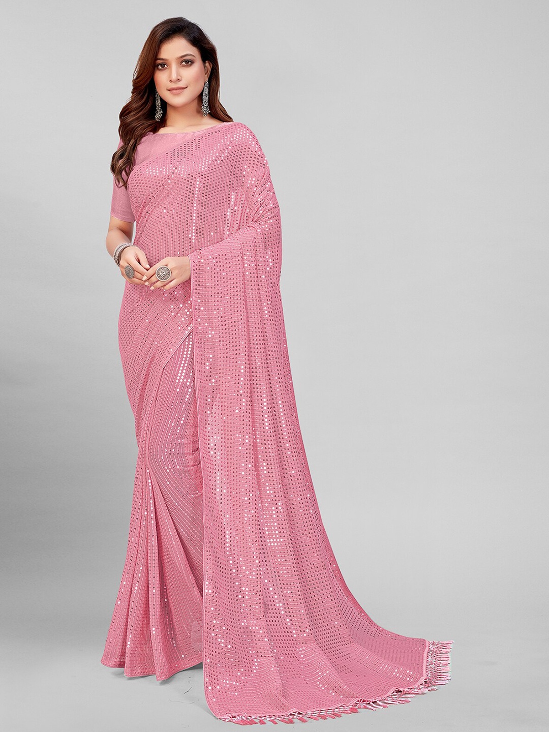 

Pratham Blue Peach Embellished Sequinned Pure Georgette Saree