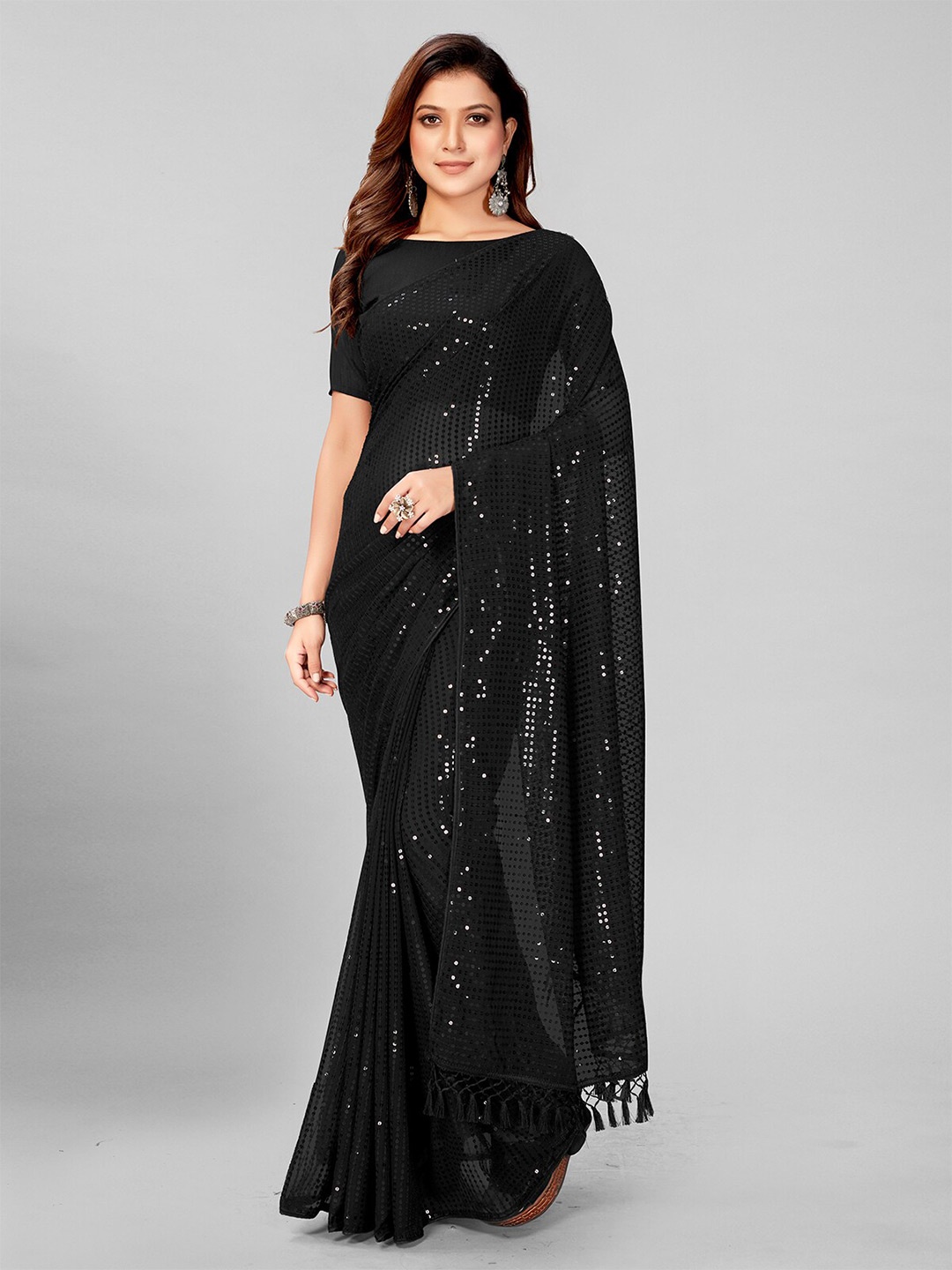 

Pratham Blue Women Black Embellished Sequinned Pure Georgette Saree