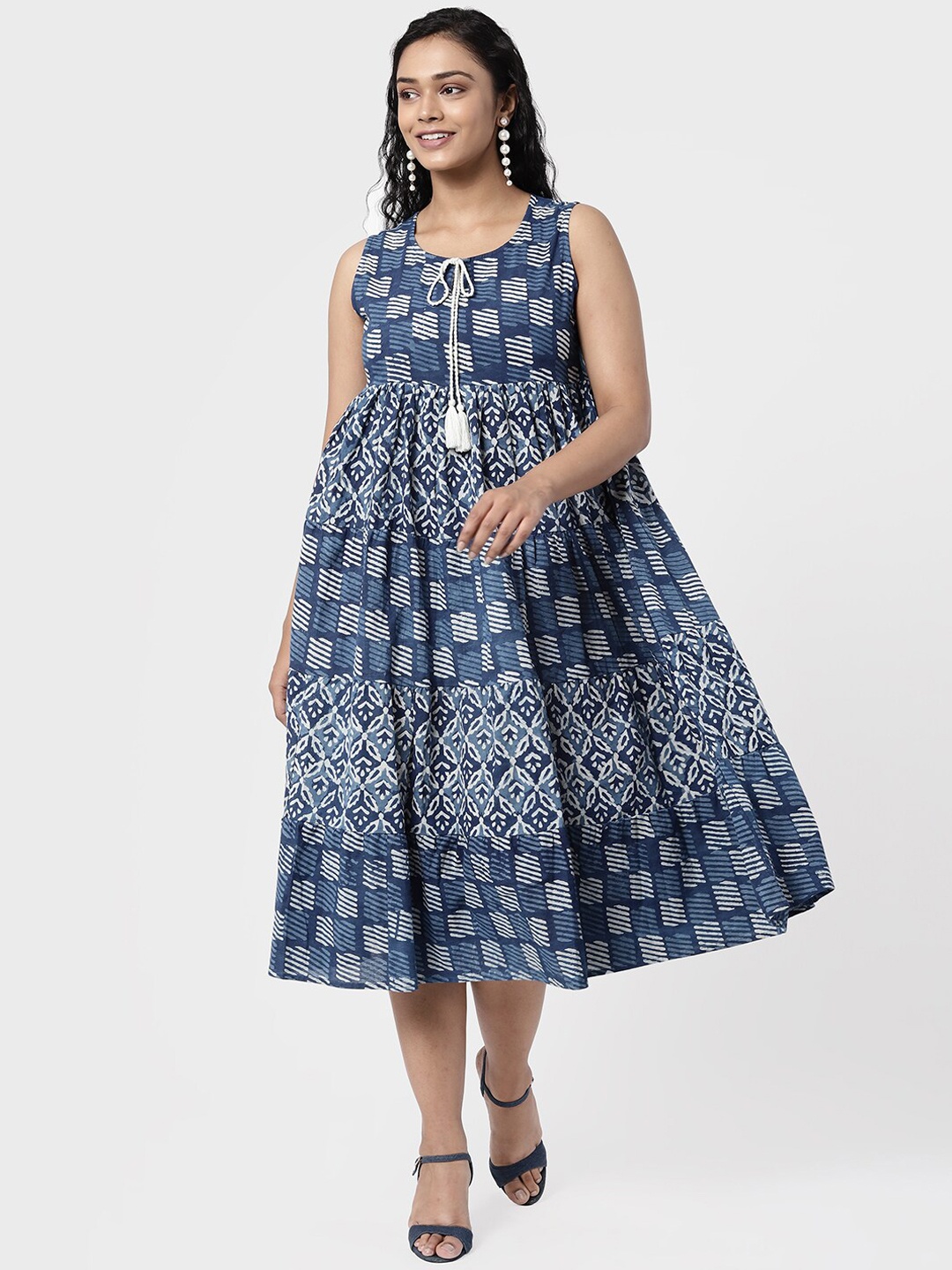 

R&B Women Blue & White Printed Flared Ethnic Dresses