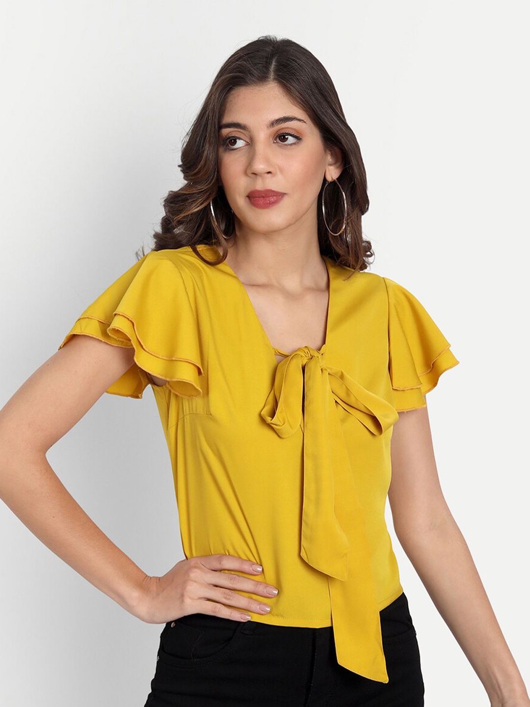 

ESSQUE Mustard Yellow Tie-Up Neck Top