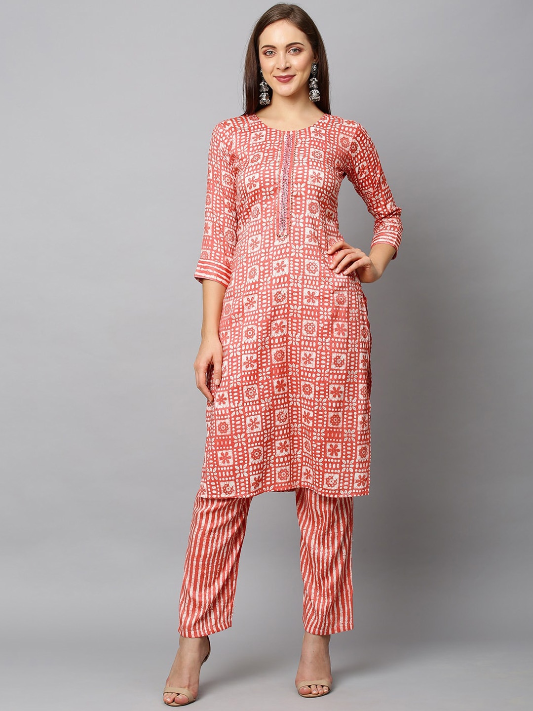 

FASHOR Women Coral Ethnic Motifs Printed Kurta with Trousers