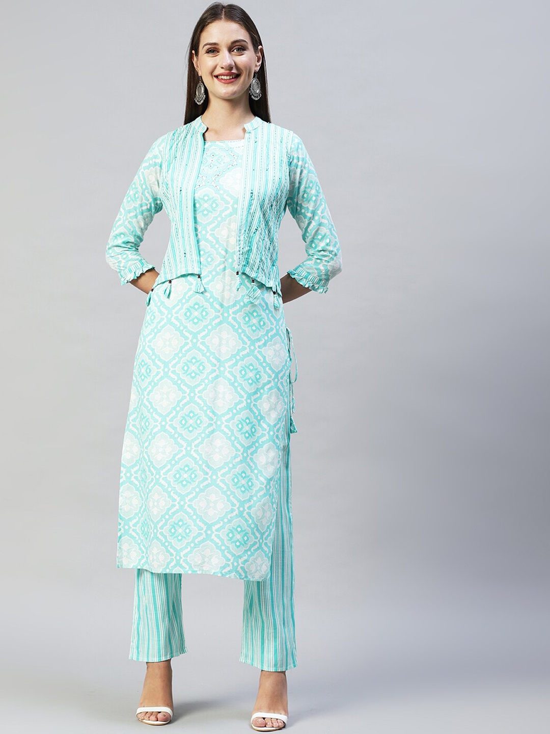 

FASHOR Women Turquoise Blue Ethnic Motifs Printed Kurta with Trousers