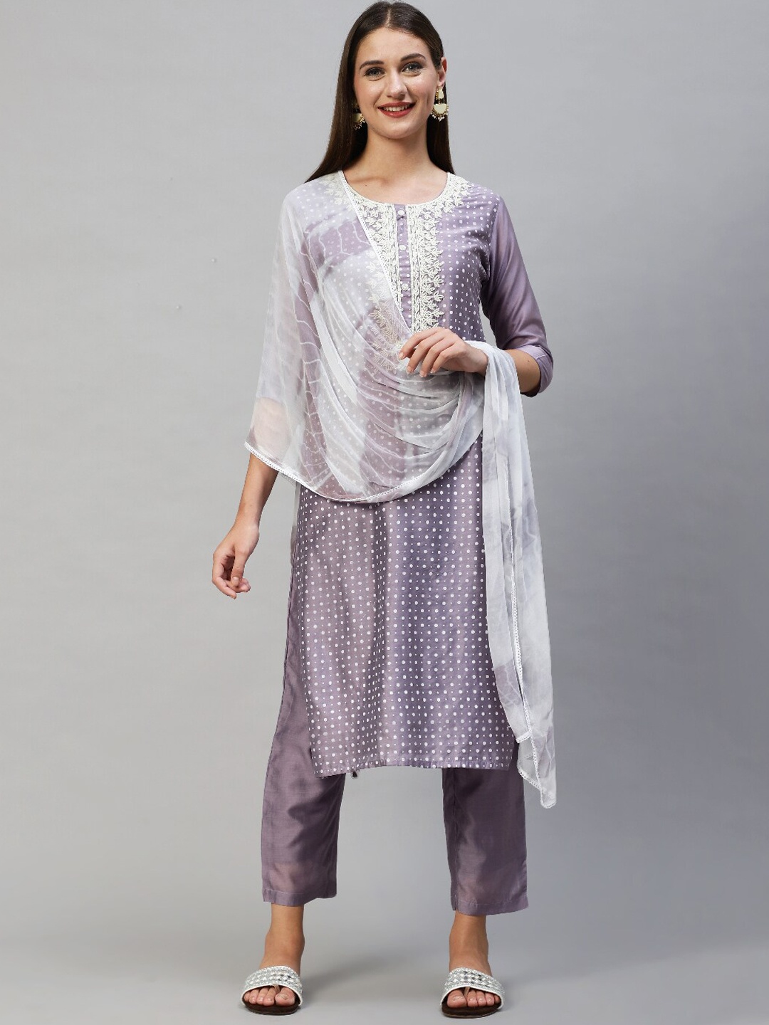 

FASHOR Women Lavender Embroidered Panelled Beads and Stones Chanderi Silk Kurti with Trousers