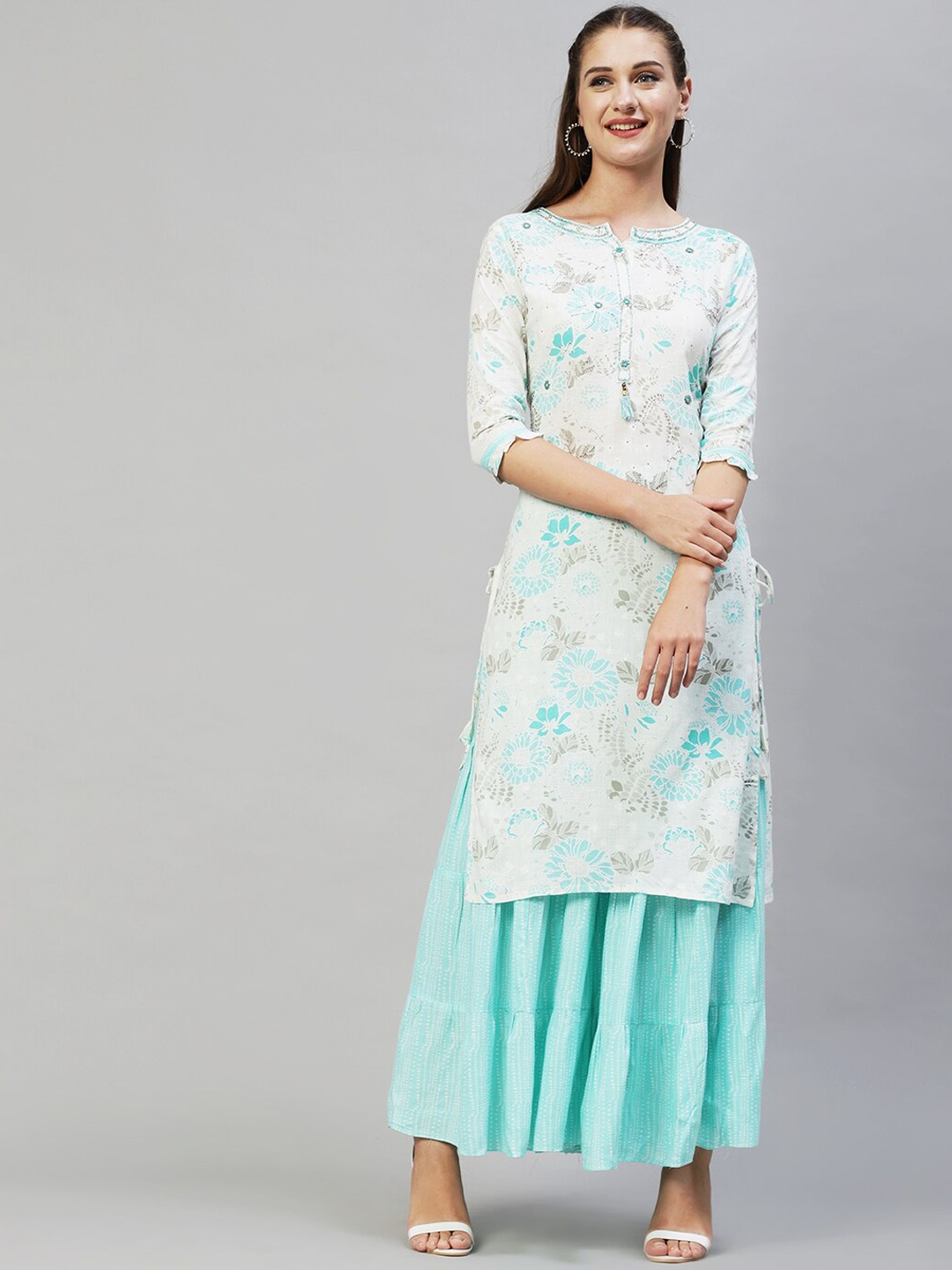 

FASHOR Women Off White Floral Printed Kurta with Sharara