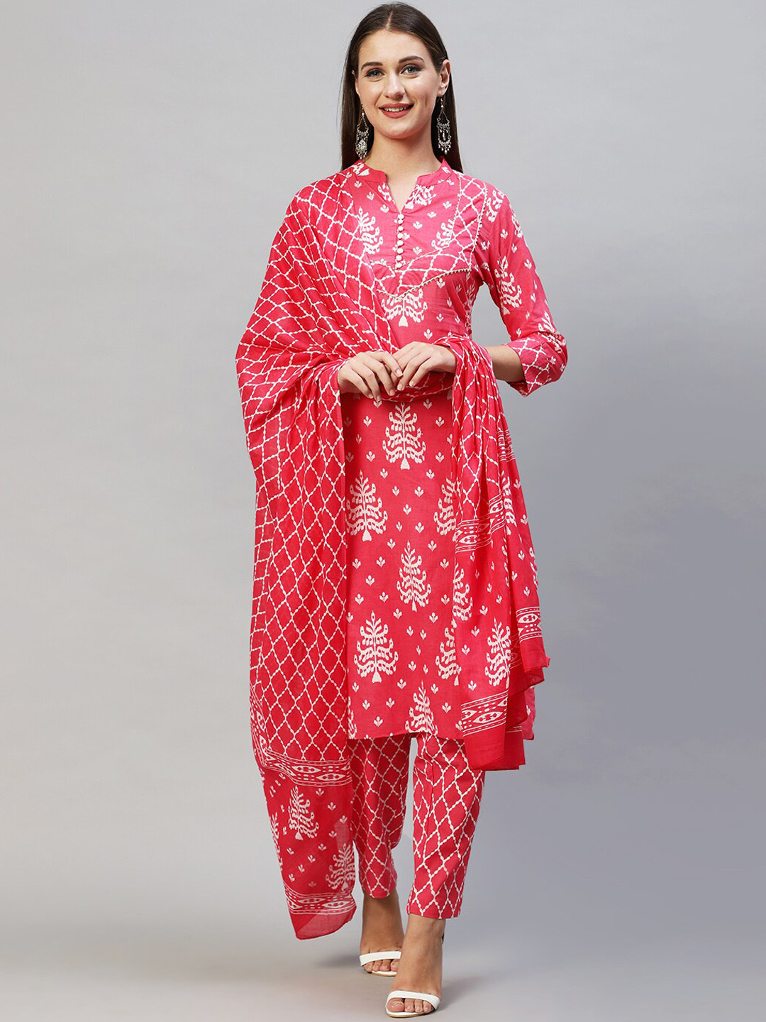 

FASHOR Women Pink Ethnic Motifs Printed Angrakha Pure Cotton Kurta with Trousers & With Dupatta