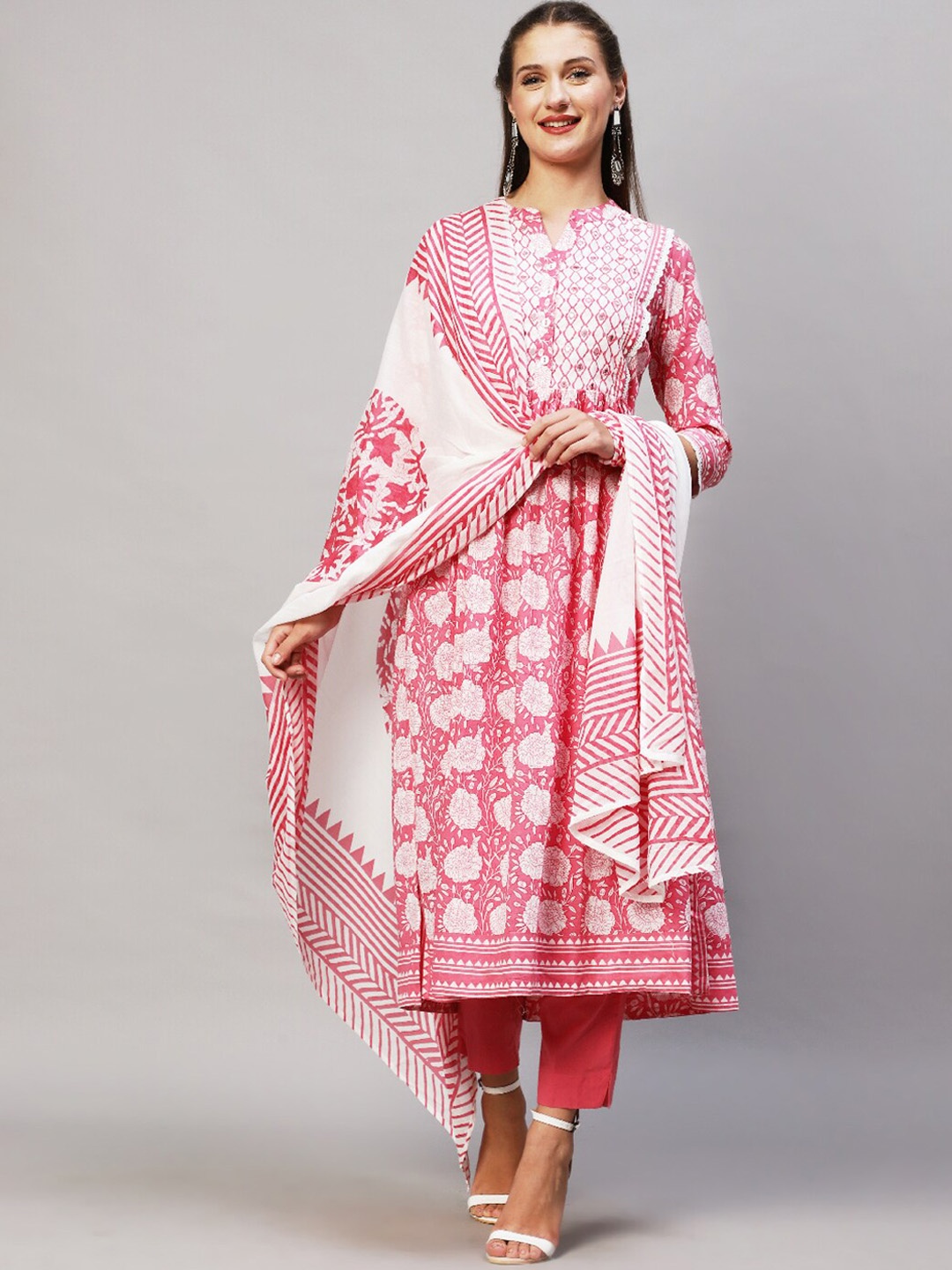 

FASHOR Women Pink Printed Empire Mirror Work Pure Cotton Kurta with Trousers & With Dupatta