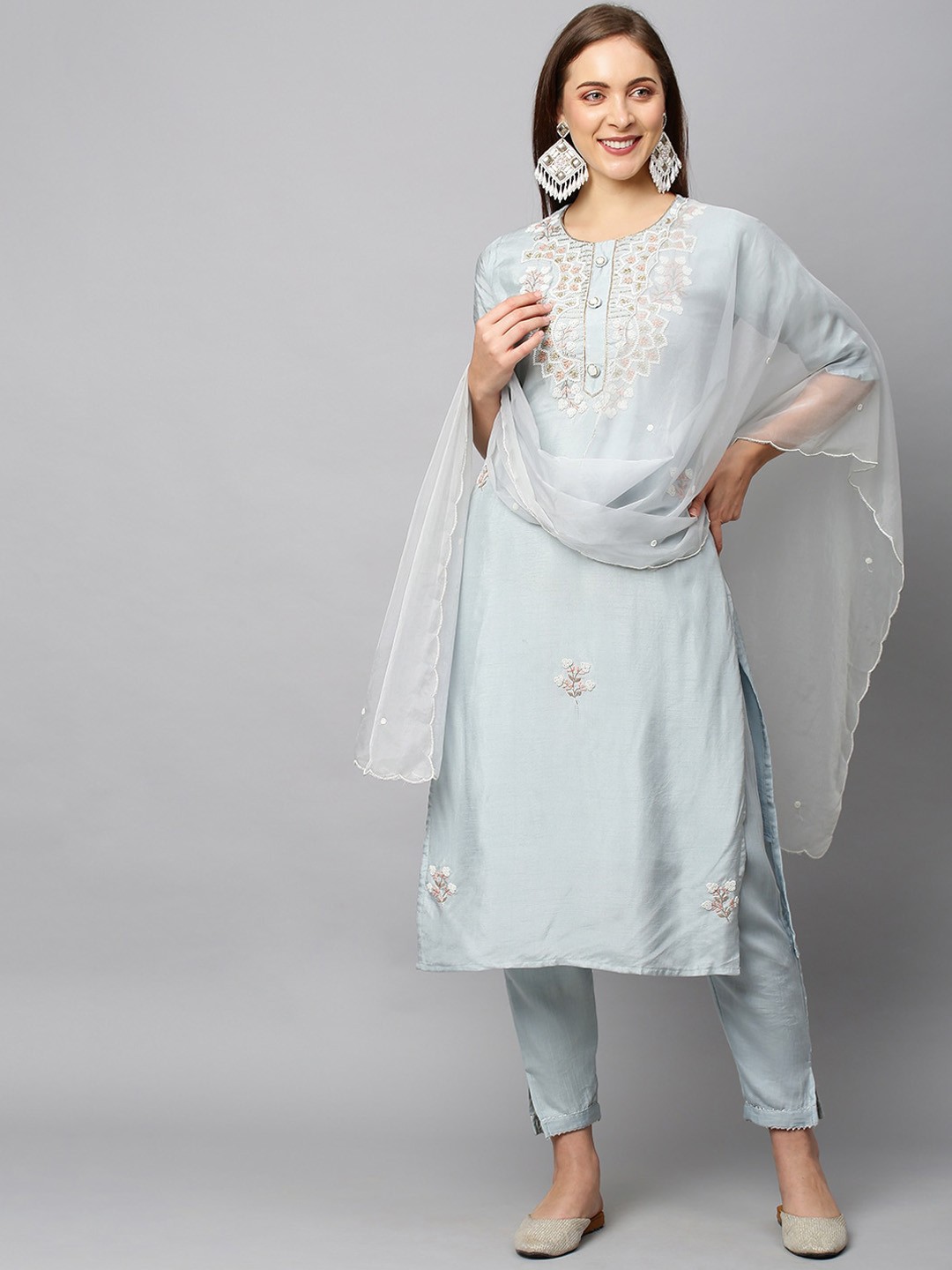 

FASHOR Women Blue Floral Embroidered Kurta with Trousers & With Dupatta