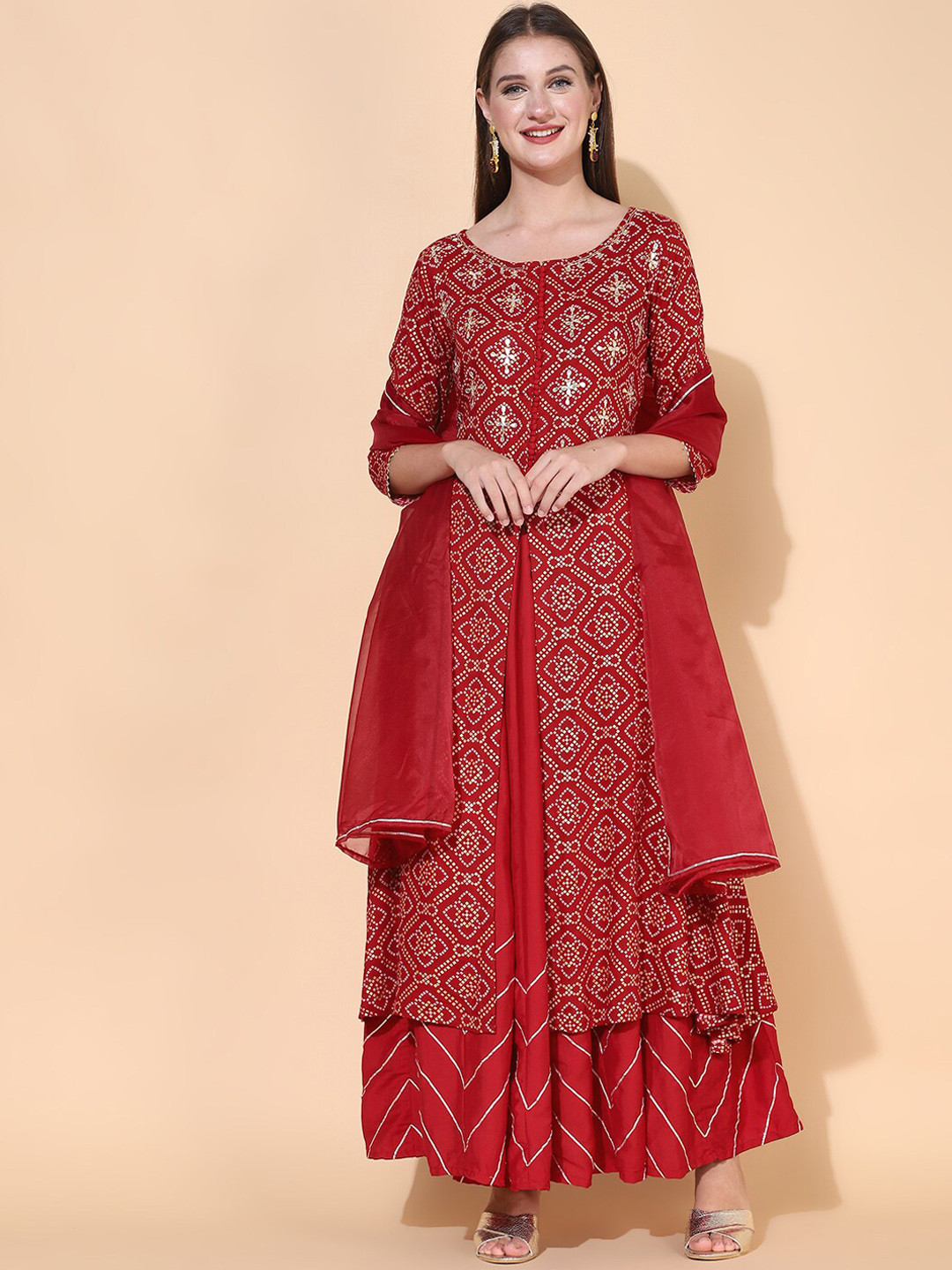 

FASHOR Women Red Bandhani Printed & Hand Embroidered Kurta with Skirt & Dupatta