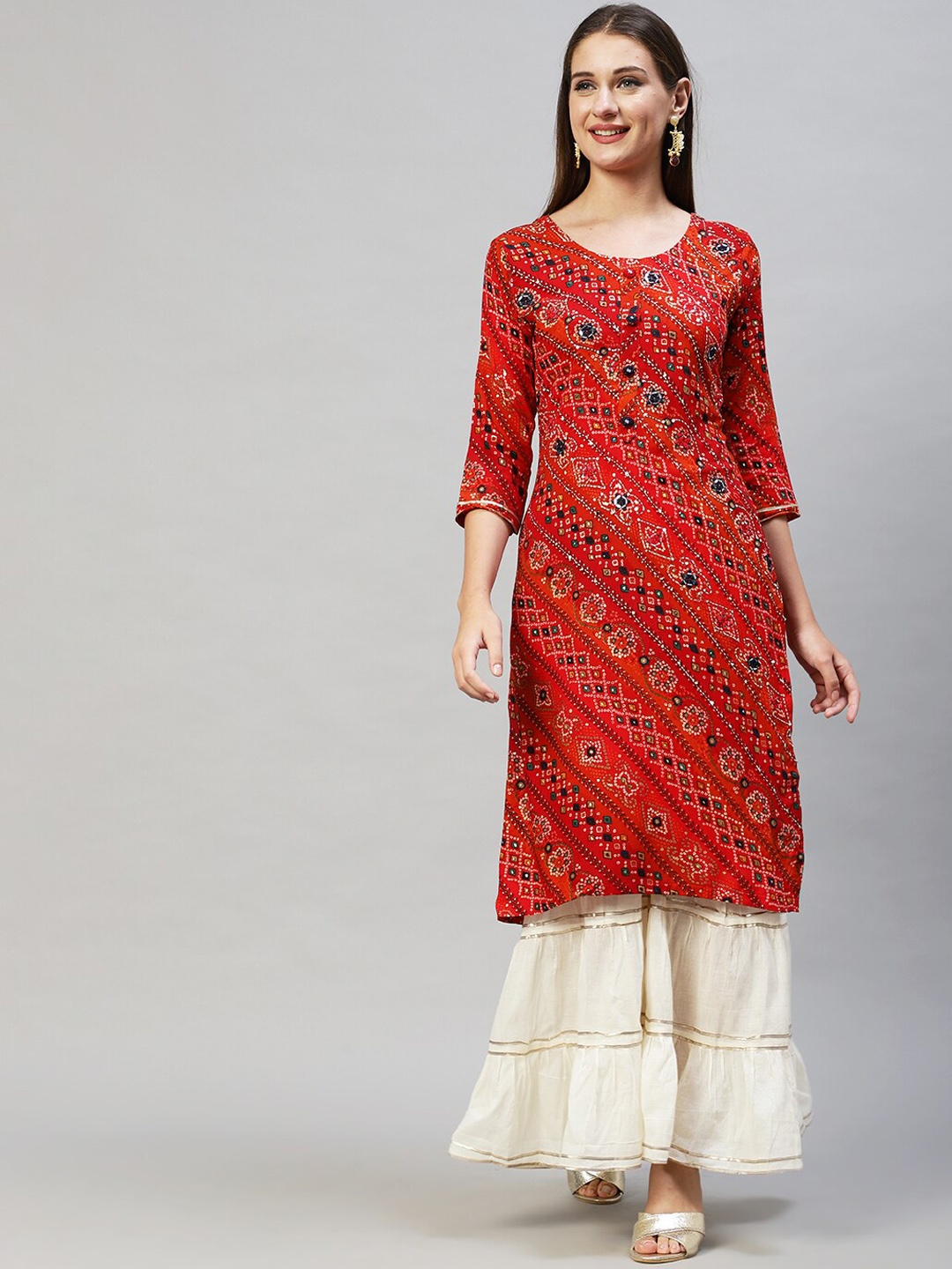 

FASHOR Women Red Ethnic Motifs Printed Beads and Stones Kurta with Sharara