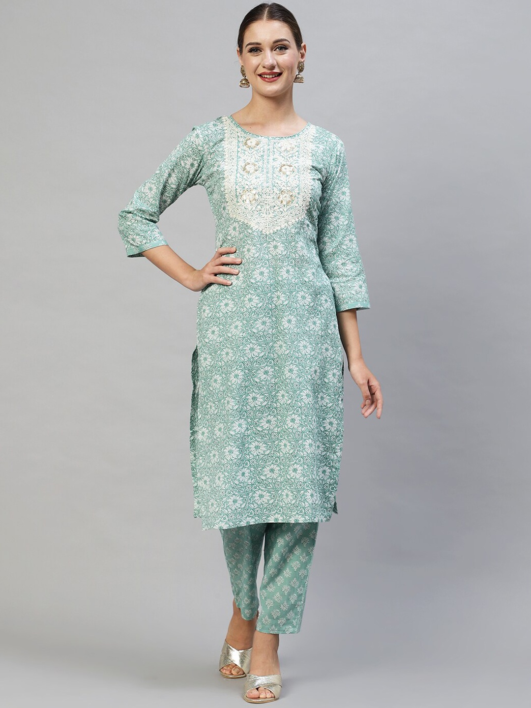 

FASHOR Women Sea Green Floral Printed Thread Work Pure Cotton Kurta with Trousers