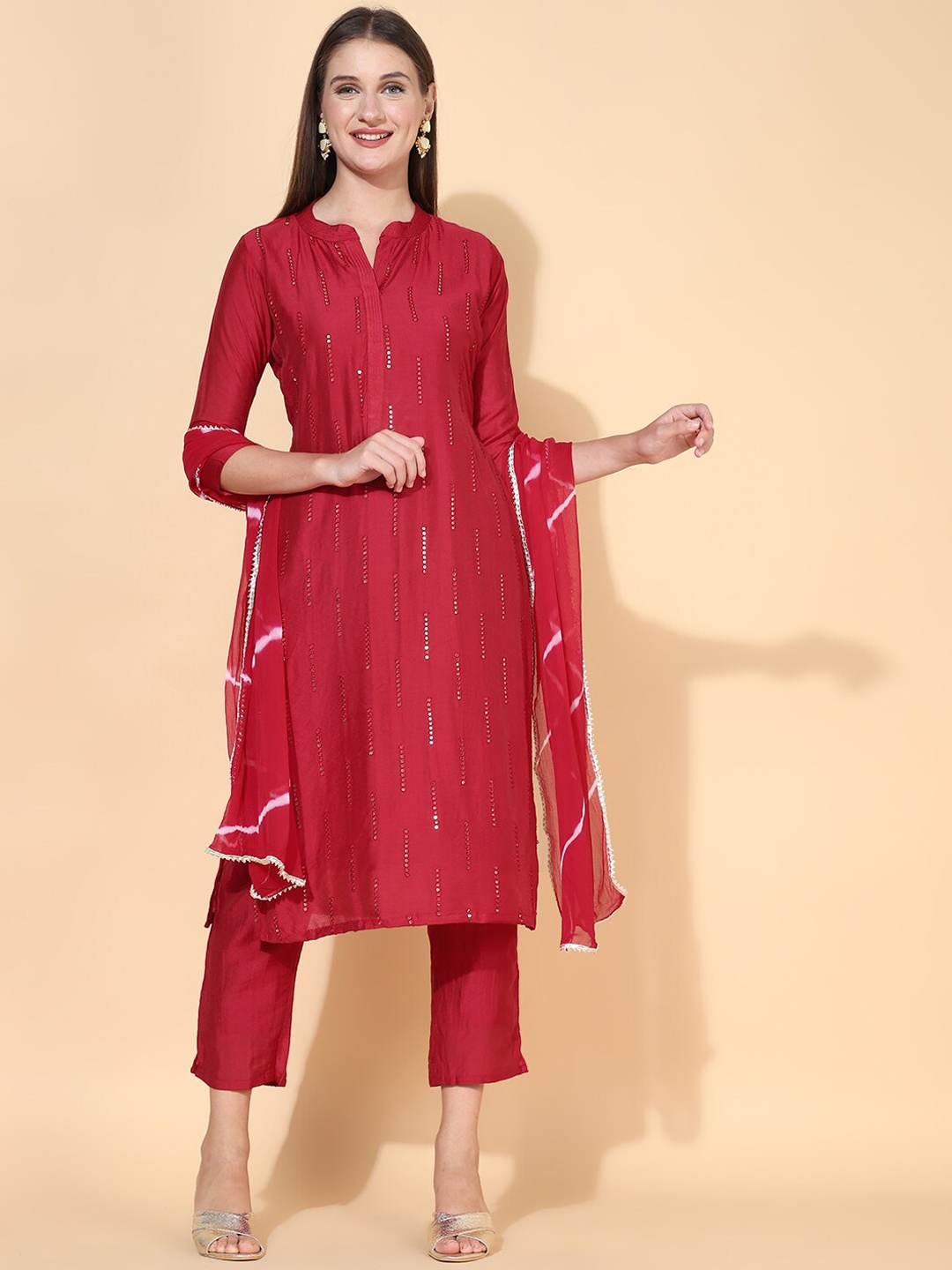 

FASHOR Women Red Sequinned Chanderi Silk Kurta with Trousers