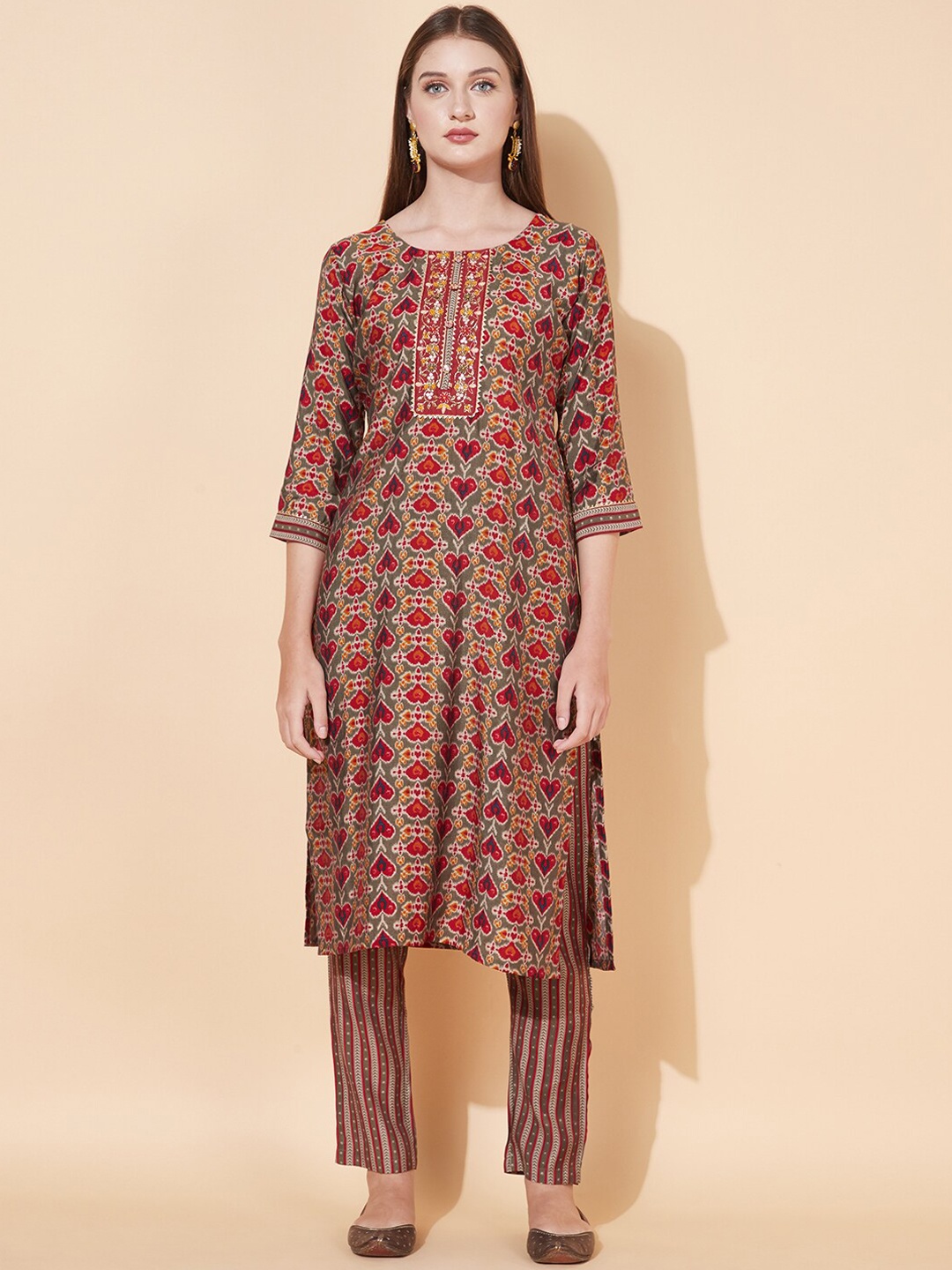 

FASHOR Women Grey Ethnic Motifs Printed Kurta with Trousers