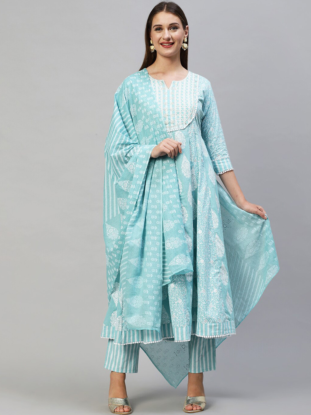 

FASHOR Women Blue Printed Thread Work Pure Cotton Kurta with Trousers & With Dupatta
