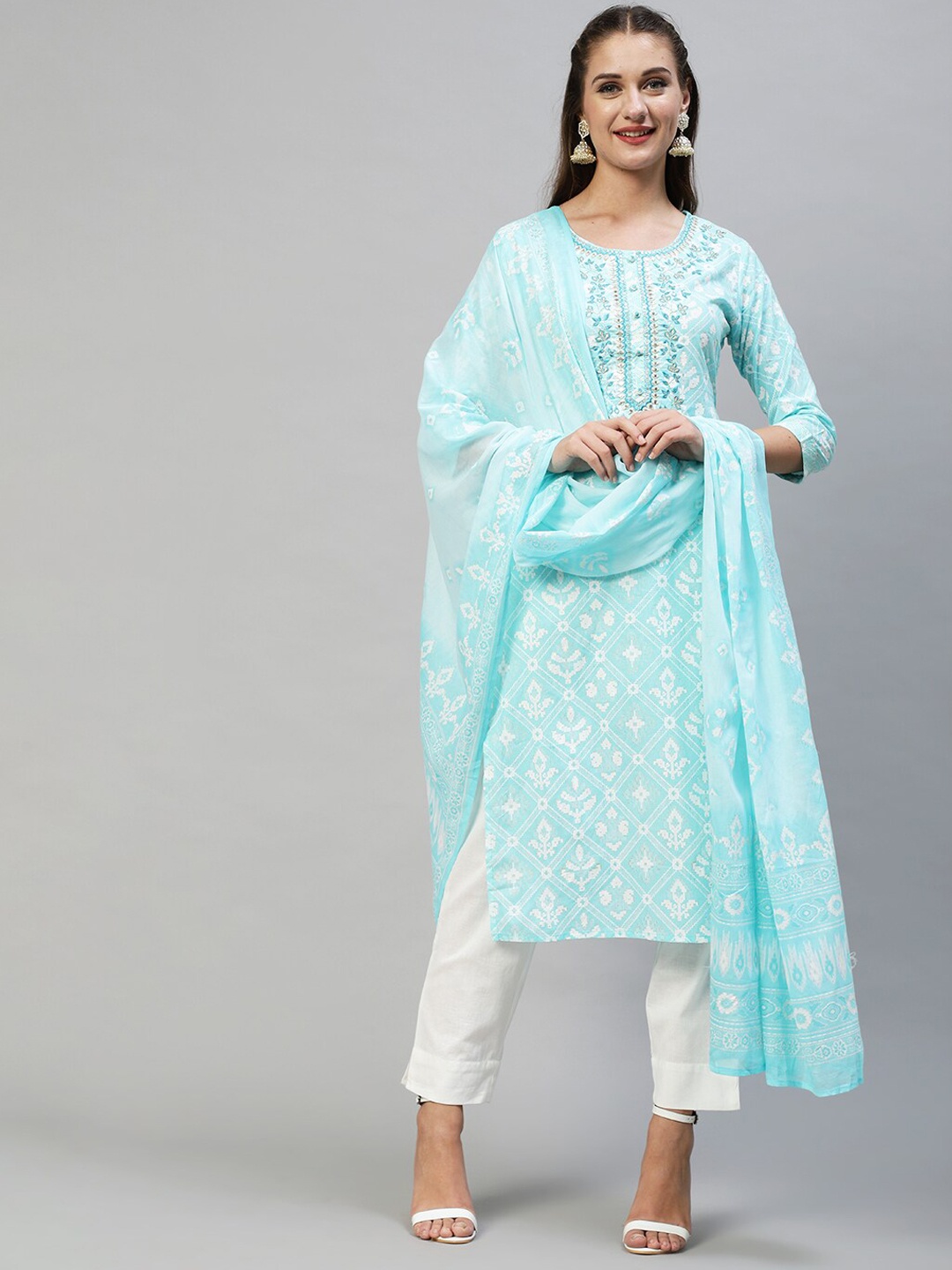

FASHOR Women Blue Floral Embroidered Pure Cotton Kurta with Trousers & With Dupatta