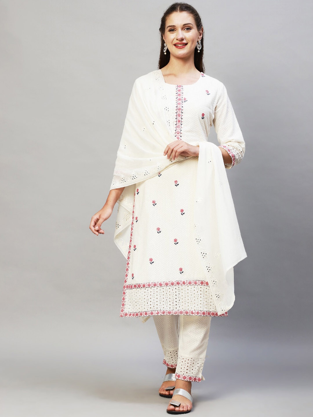 

FASHOR Women Off White Floral Embroidered Mirror Work Pure Cotton Kurta with Trousers & Dupatta