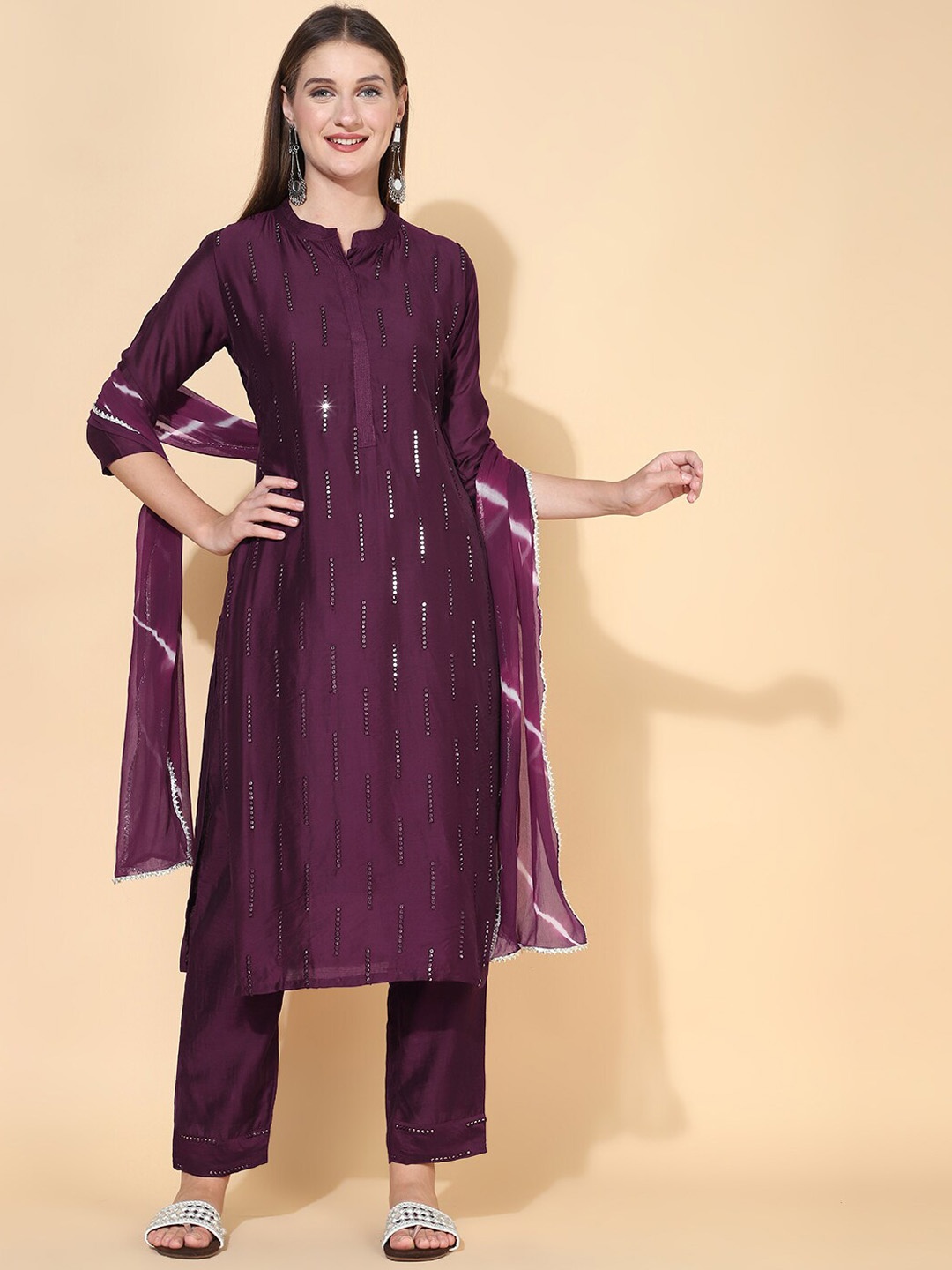 

FASHOR Women Purple Angrakha Sequinned Chanderi Silk Kurta With Palazzos & With Dupatta