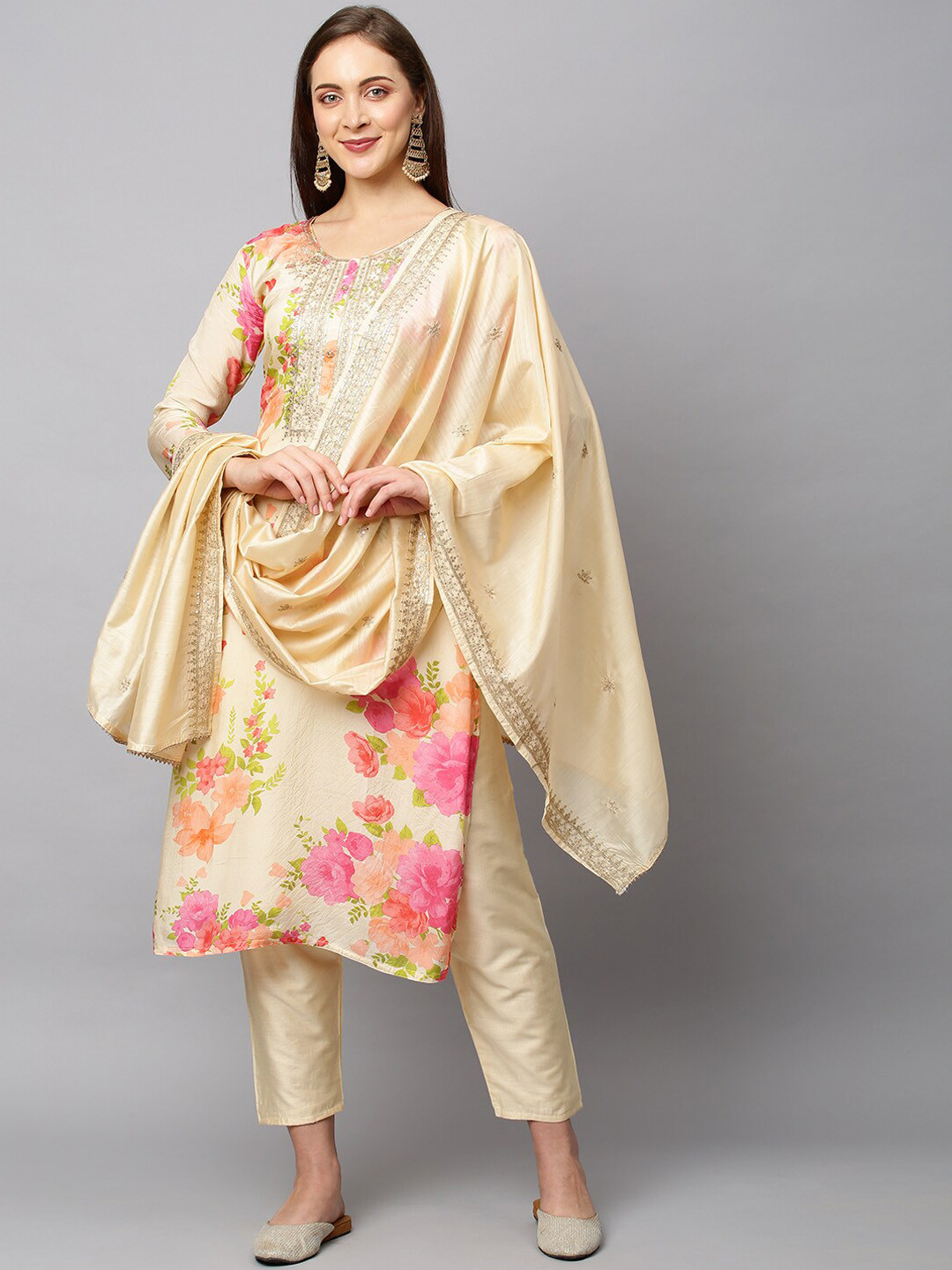 

FASHOR Women Cream-Coloured & Pink Floral Printed Kurta with Trousers & With Dupatta