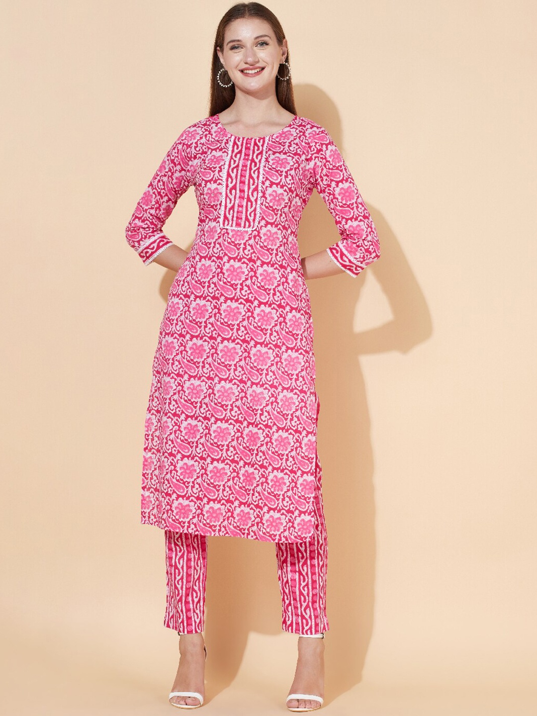

FASHOR Women Pink Beads and Stones Pure Cotton Kurti with Pant