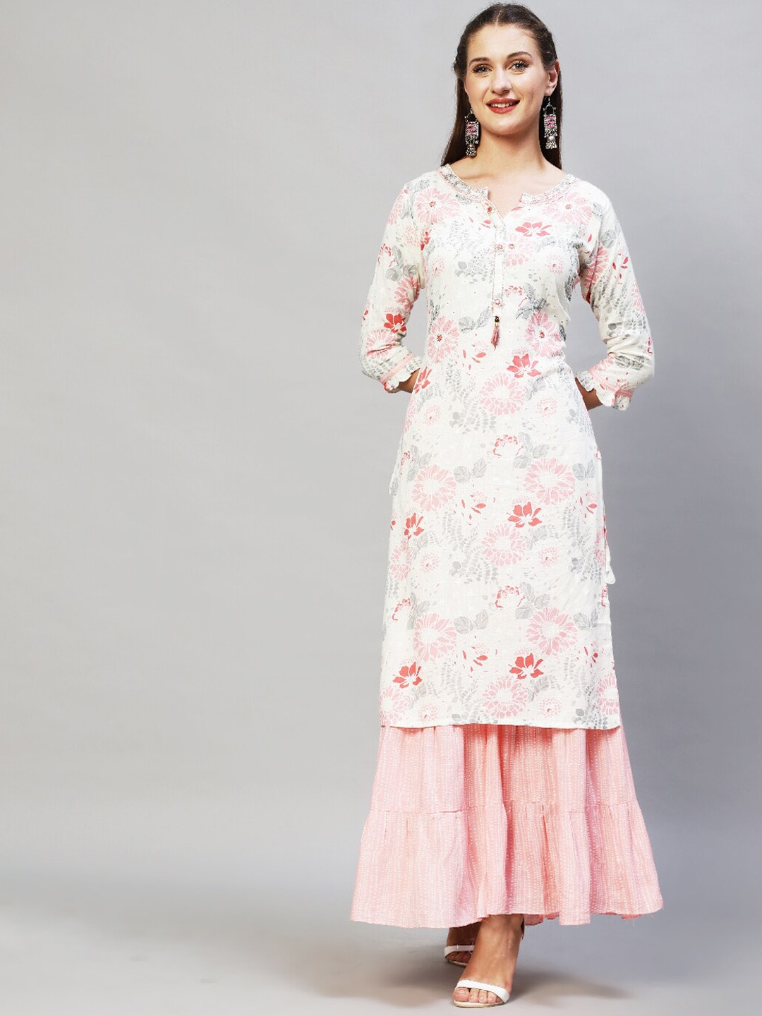 

FASHOR Women Off White Floral Printed Kurta with Sharara