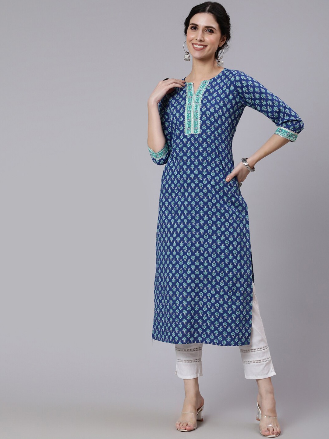 

AASI - HOUSE OF NAYO Women Blue Floral Printed Cotton Kurta