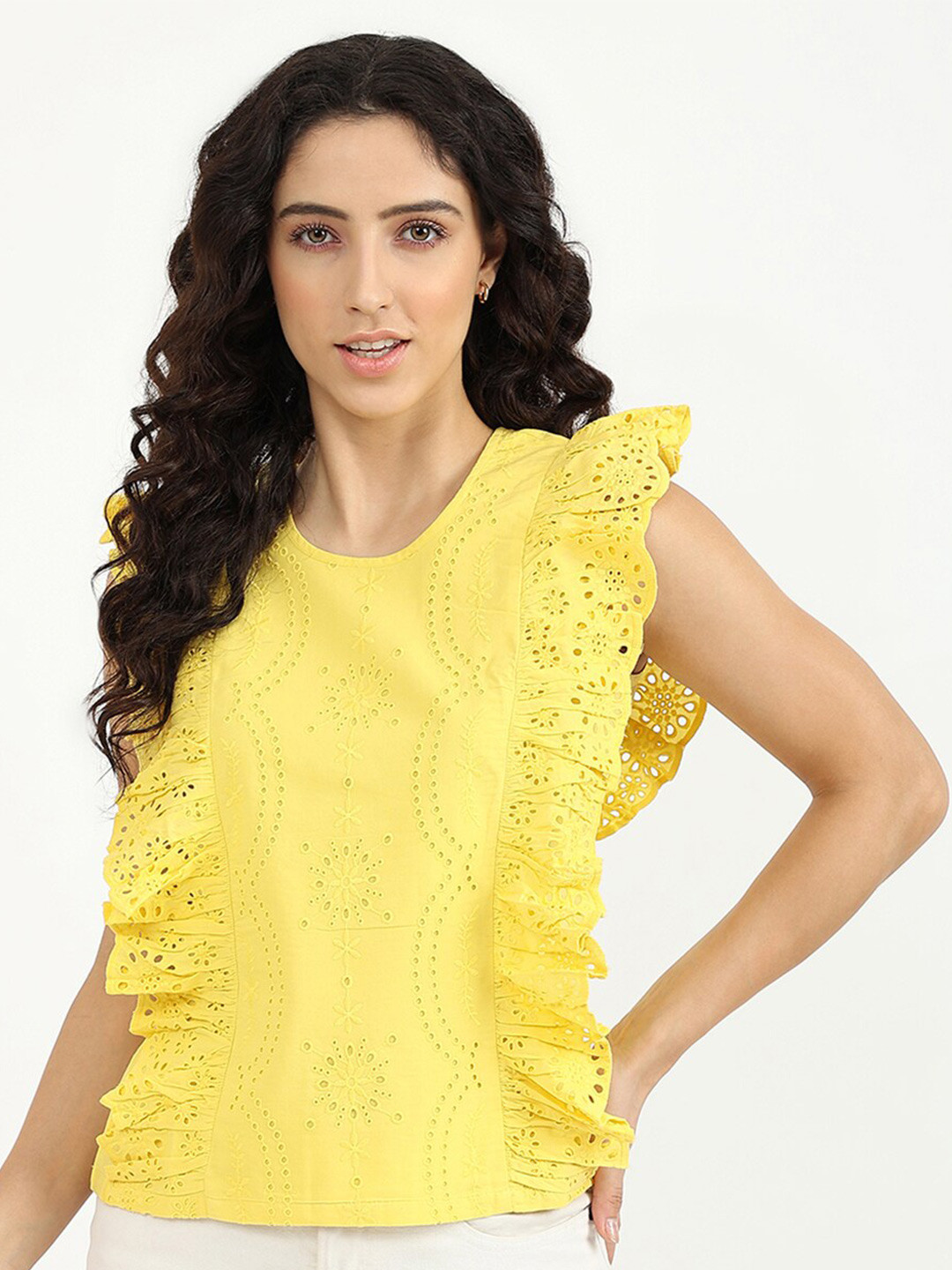 

United Colors of Benetton Women Yellow Ruffles Schiffli Top
