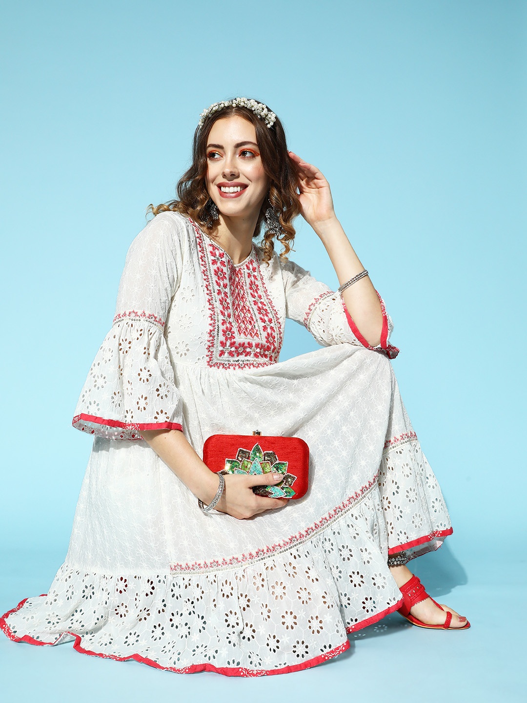 

Ishin Women White Floral Craftcore Dress