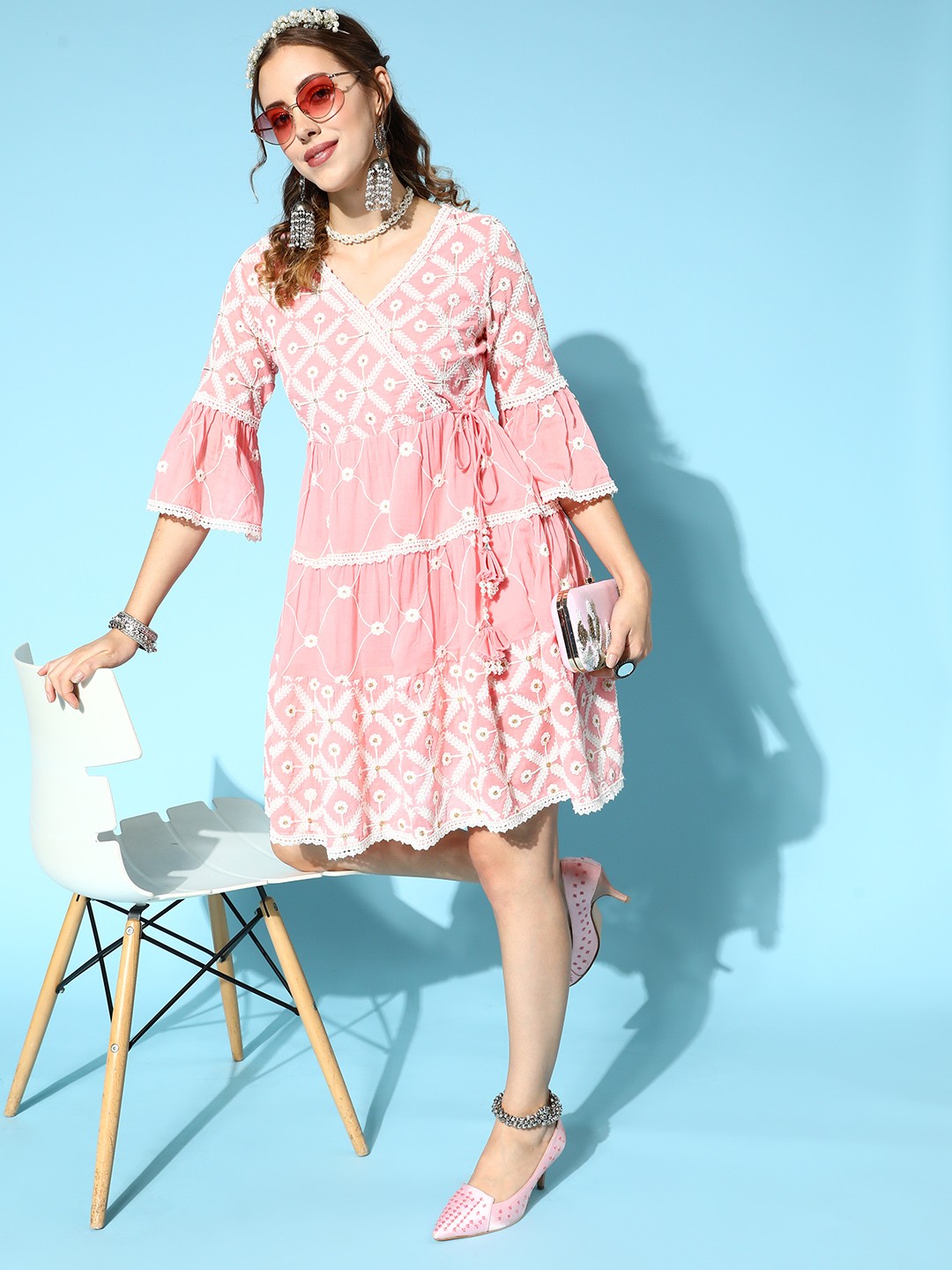 

Ishin Women Pretty Pink Floral Fluid Tie-Up Dress