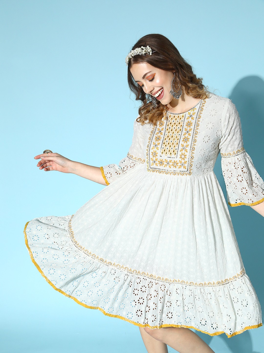 

Ishin Women Classic White Floral Craftcore Dress