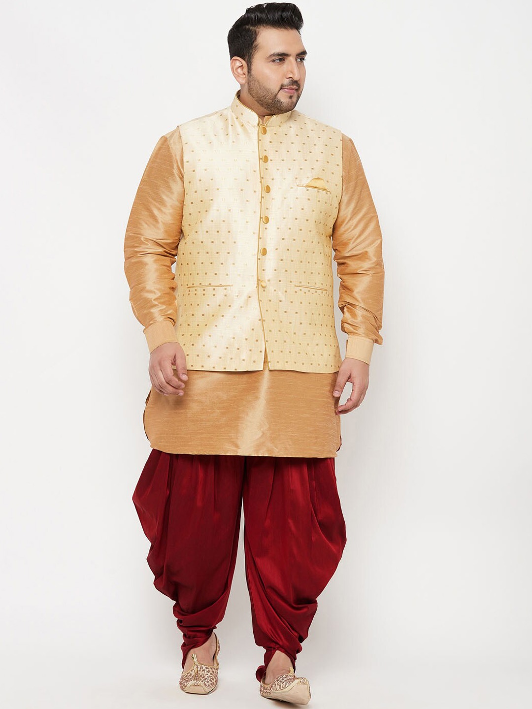 

VASTRAMAY Men Plus Size Rose Gold Kurta with Dhoti Pants With Banarasi Jacket