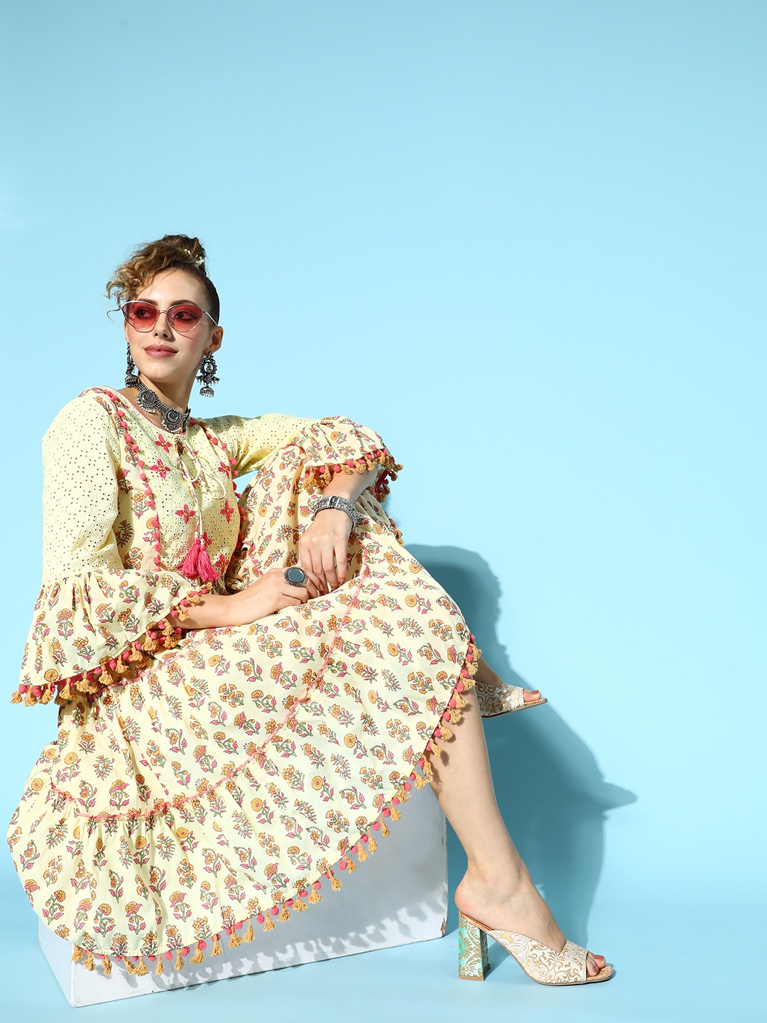 

Ishin Women Bright Yellow Pure Cotton Ethnic Motifs Fluid Tie-Up Dress