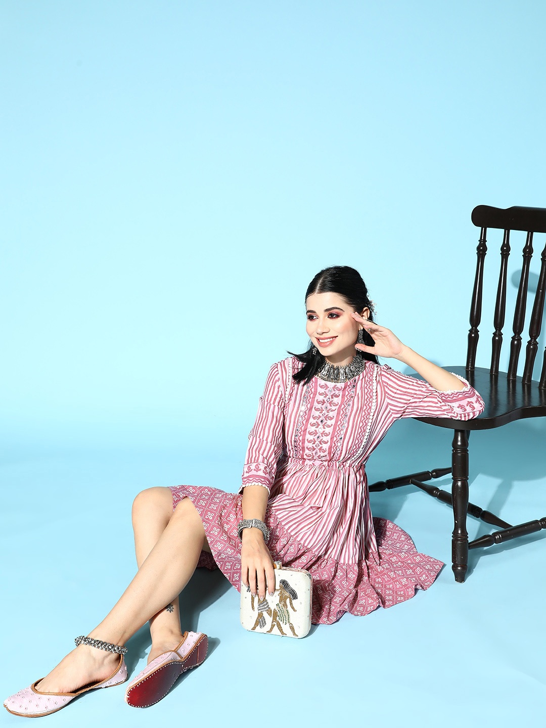 

Ishin Women Elegant Mauve Striped Fluid Tie-Up Dress